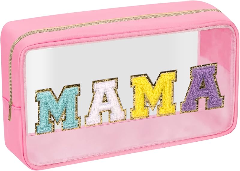 Necessaire de viagem Iqimott MAMA, rosa, com letras de chenille e zíper, Pacote com 1