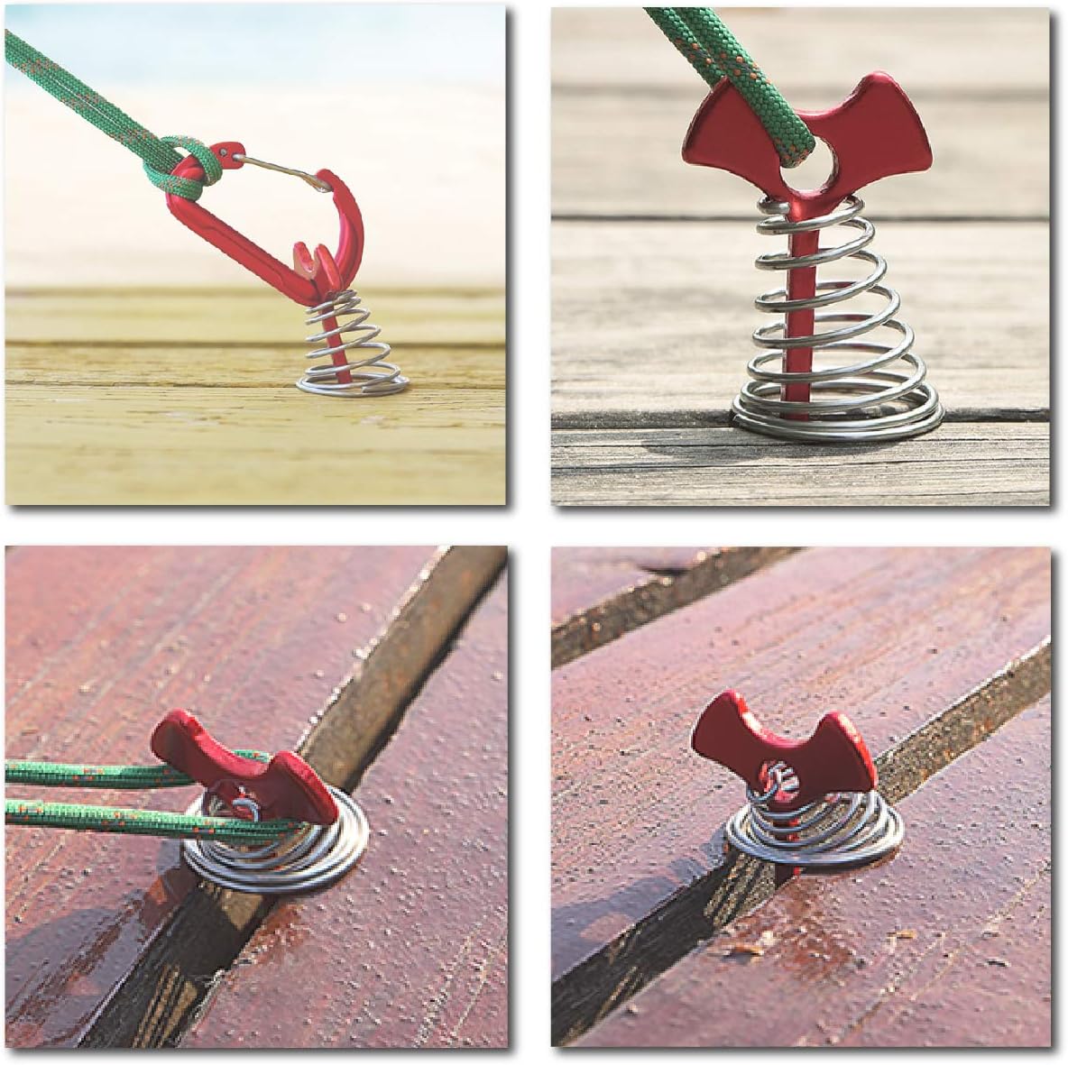 TRIWONDER 6pcs Deck Plank Board Tent Stakes Aluminum Spring Anchor Fishbone Guyline Cord Adjuster Tent Pegs with Carabiners for Outdoor Camping Hiking