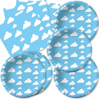 40pcs Blue Sky White Clouds Party Supplies ,include 20 Plates, 20 Napkin ,Used for Cartoon Story Birthday Party Decoration, Blue,White