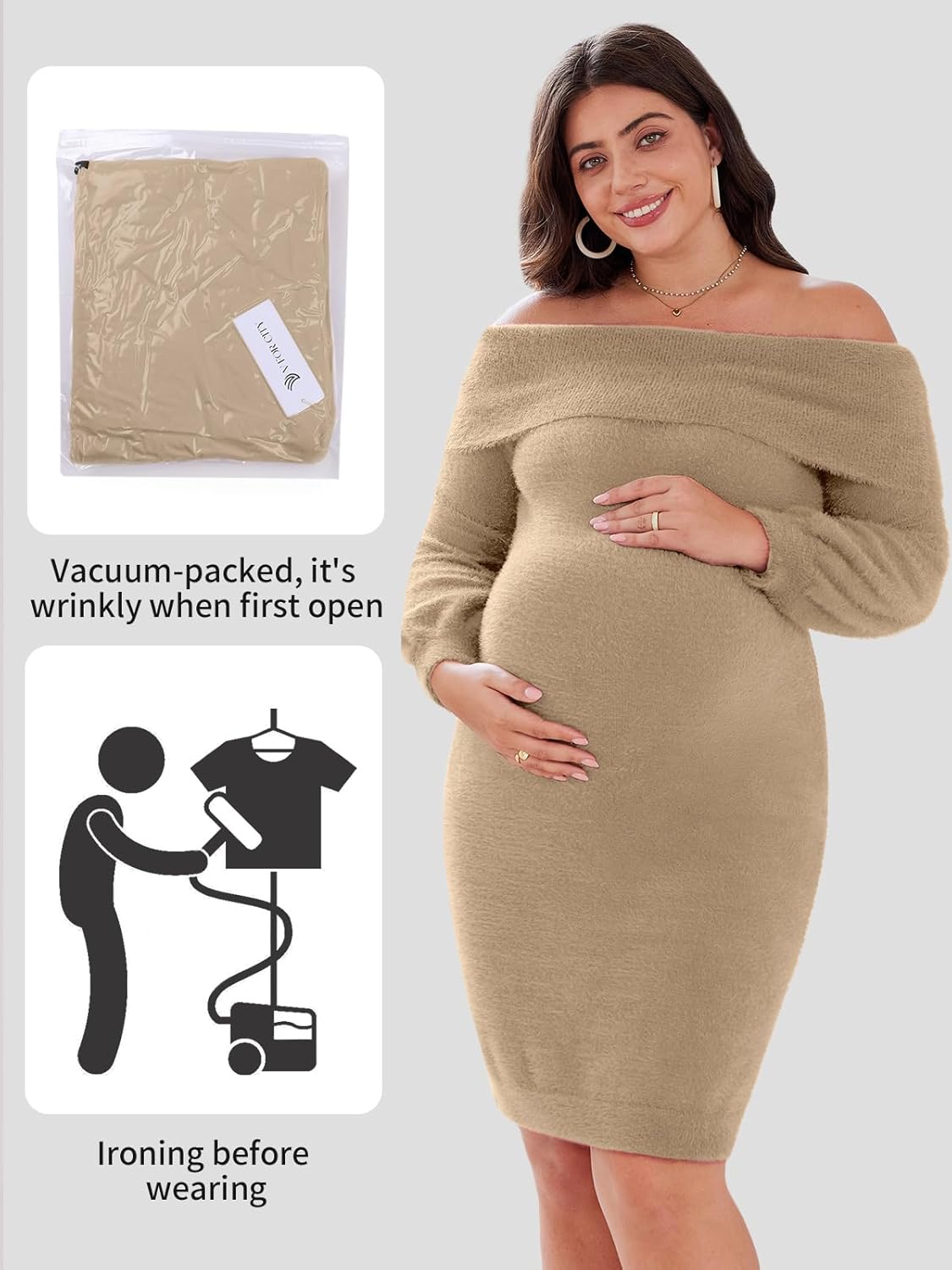V FOR CITY Maternity Sweater Dress for Baby Shower Off The Shoulder 2025 Winter Fuzzy Puff Sleeve Bodycon Party Dresses - Image 5