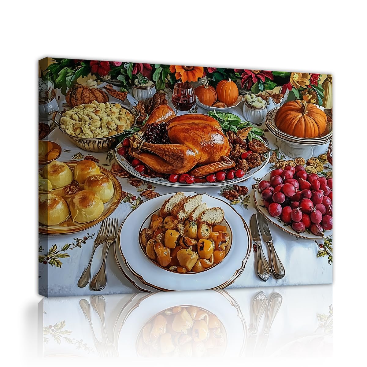 TOANGWALL Thanksgiving Turkey Canvas Wall Art Dining Room Holiday Feast Framed Poster Prints Autumn Pumpkin Food Oil Painting Artwork for Kitchen Decor 85x100cm