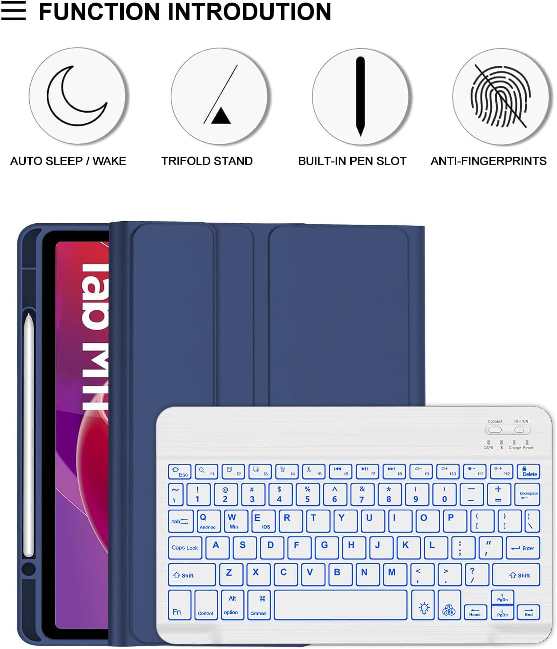 for Lenovo Tab M11 2024 11 Inch Case with Keyboard - 7 Colors Backlit Wireless Detachable Folio Keyboard Cover for Lenovo Tab M11 11” TB-330FU Tablet, Pen Holder Slim & Light, Navy Blue