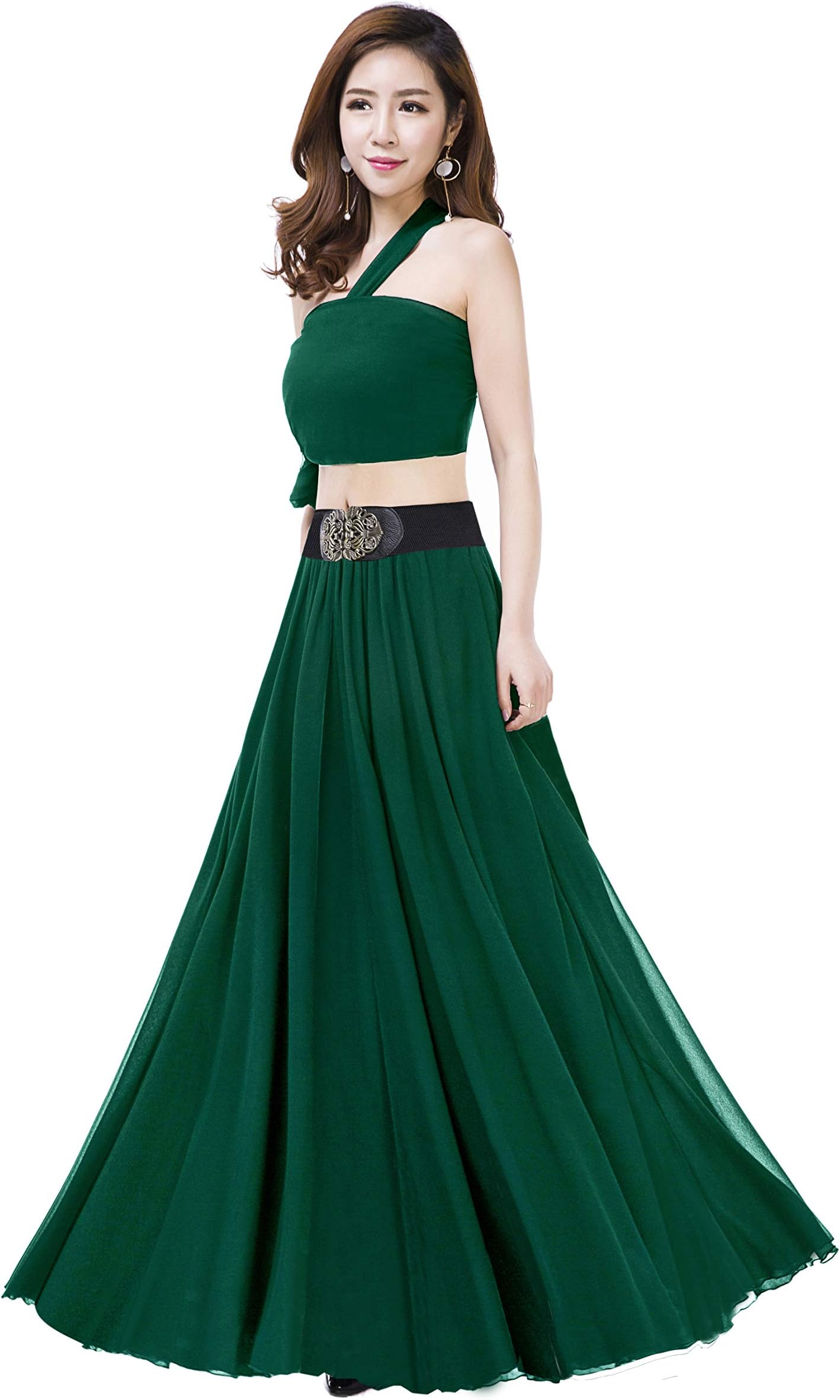 Summer Chiffon High Waist Pleated Big Hem Floor/Ankle Length Beach Maxi Skirt for Women Wedding Party Long Skirts(Large/Jade Green)