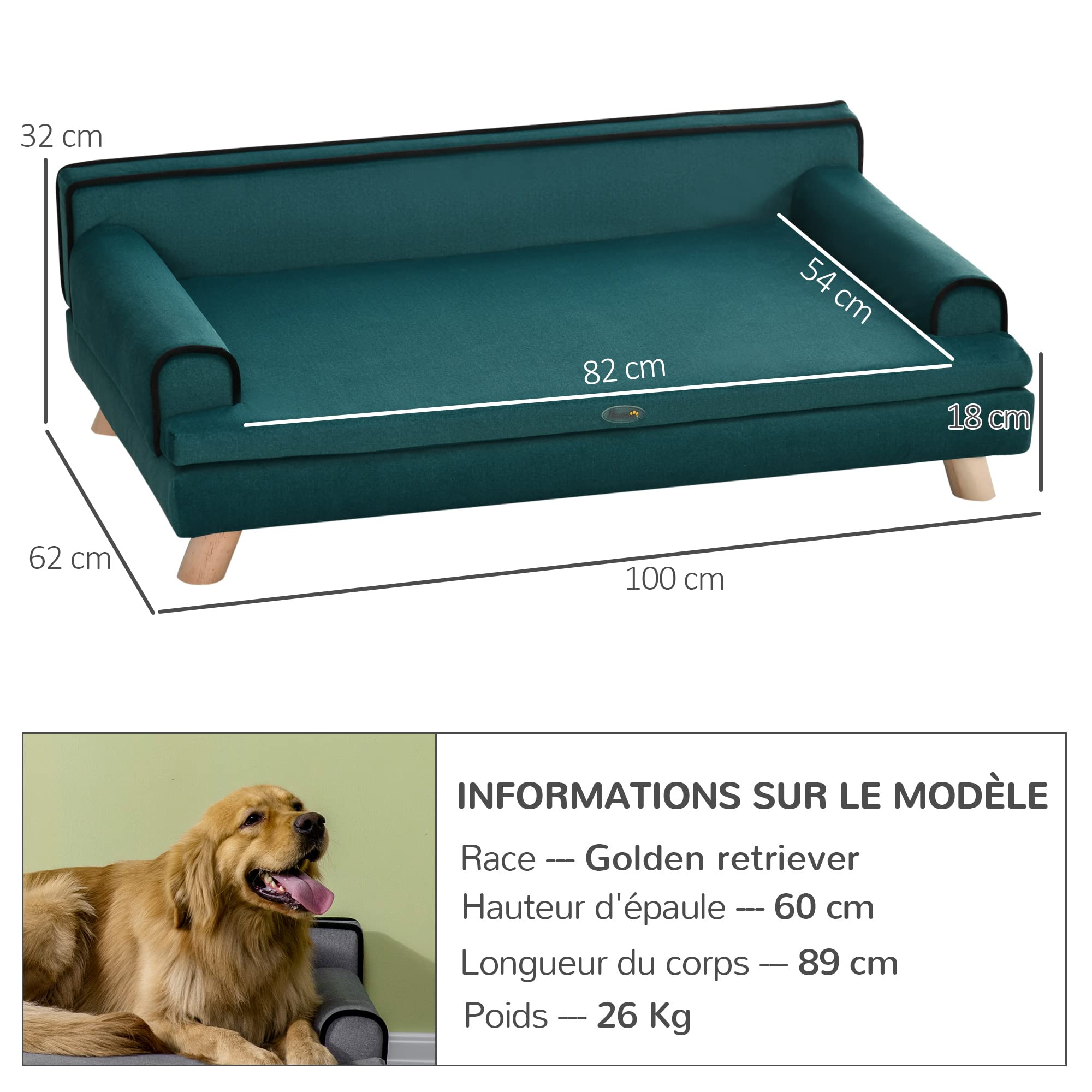 PawHut Canapé pour Chien Chat Design scandinave Coussin Moelleux Amovible Pieds Bois Massif 100 x 62 x 32 cm Bleu Canard