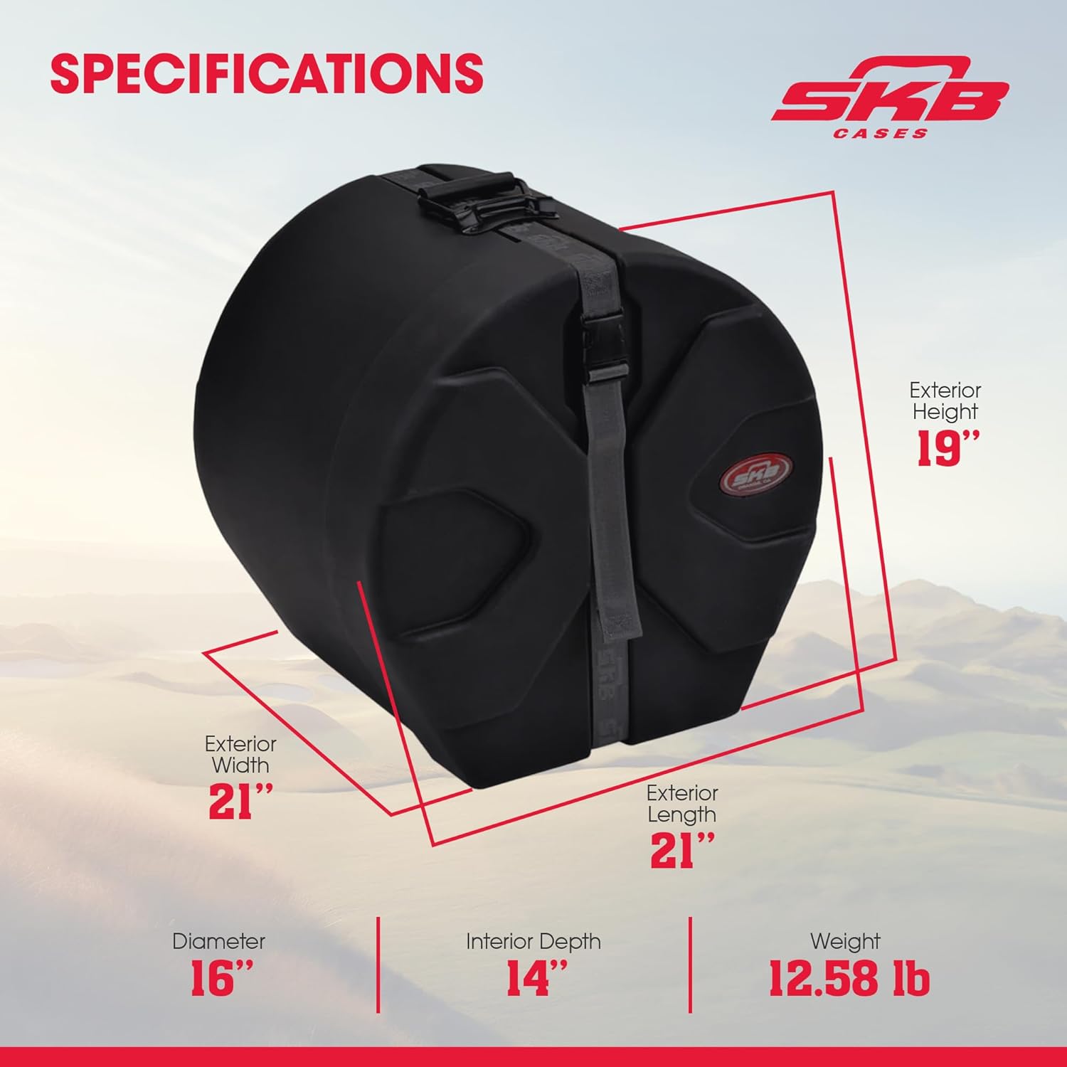 SKB 14" x 16" Tom Case with Padded Interior, D-Shaped Drum Design, and Molded in Feet for Upright Positioning and Stability, Black