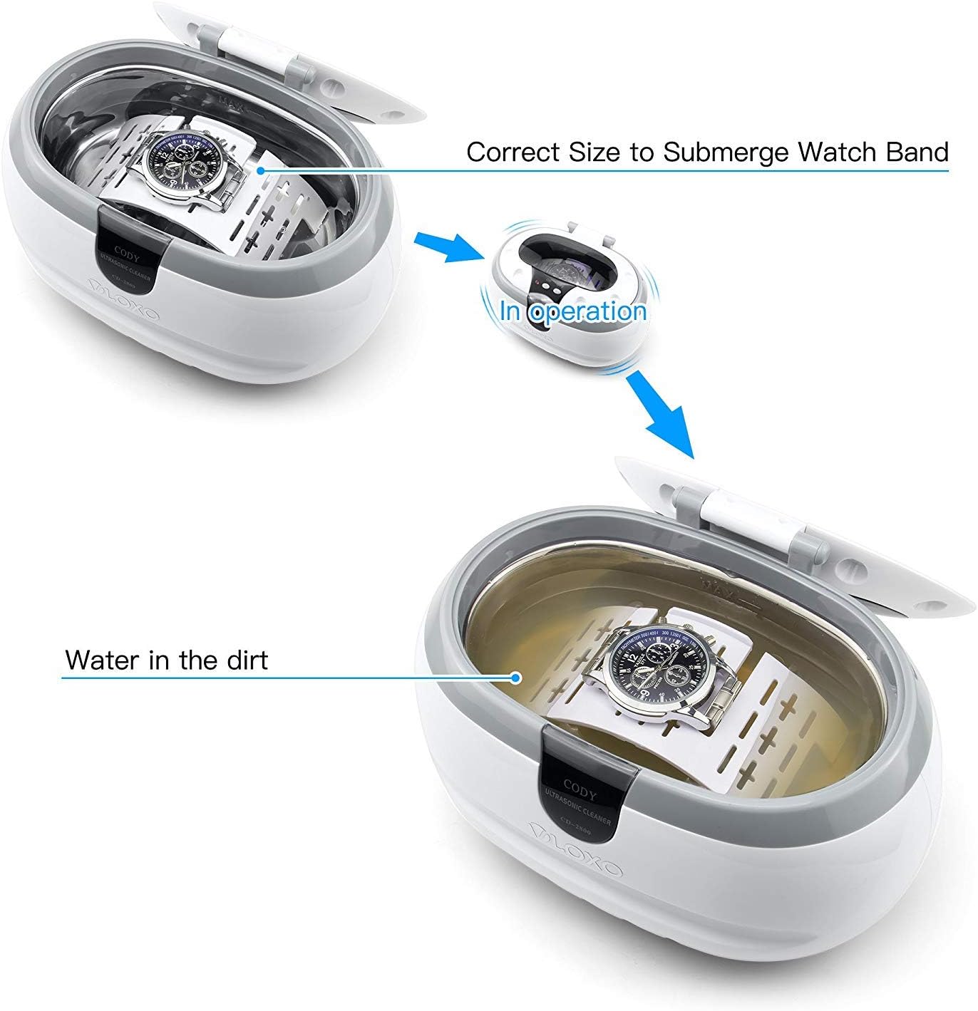 VLOXO CD-2800 Ultrasonic Cleaner demonstrating watch band cleaning