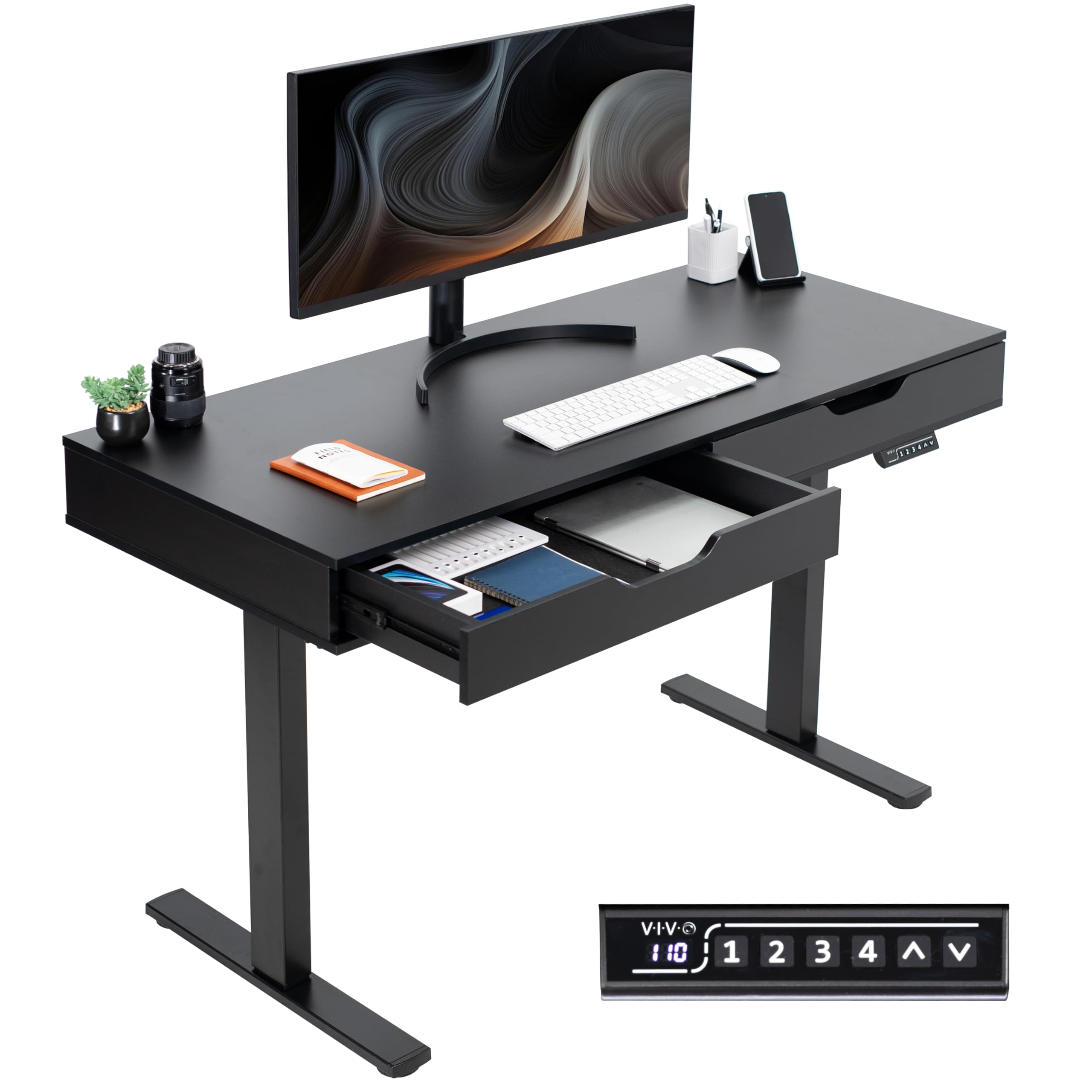 VIVO Electric 55 x 24 inch Height Adjustable Memory Standing Desk with Built-in Storage and Power Strip, Black Solid Top, Black Frame, DESK-KIT-
