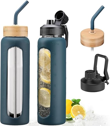 Miniatura 18 de Botella de agua de vidrio de 32 onzas con popote y 2 tapas, bambú y tapa de boquilla, botella de agua deportiva motivacional con funda de silicona y