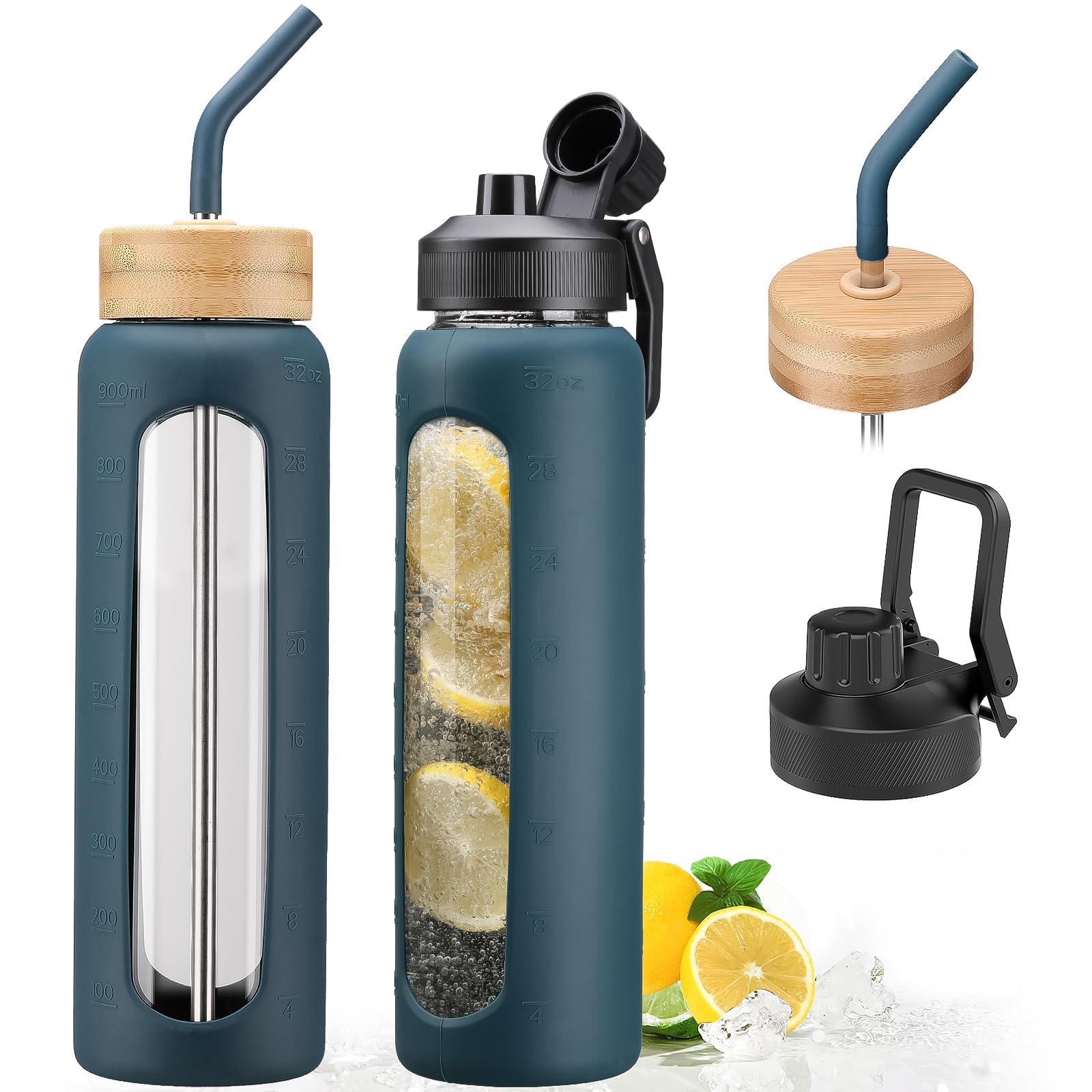 NOLOGLAZIC 32oz Glass Water Bottle with Straw and 2 Lids- Bamboo and Spout Lid,Motivational Sports Water Bottle with Silicone Sleeve and Time Marker,