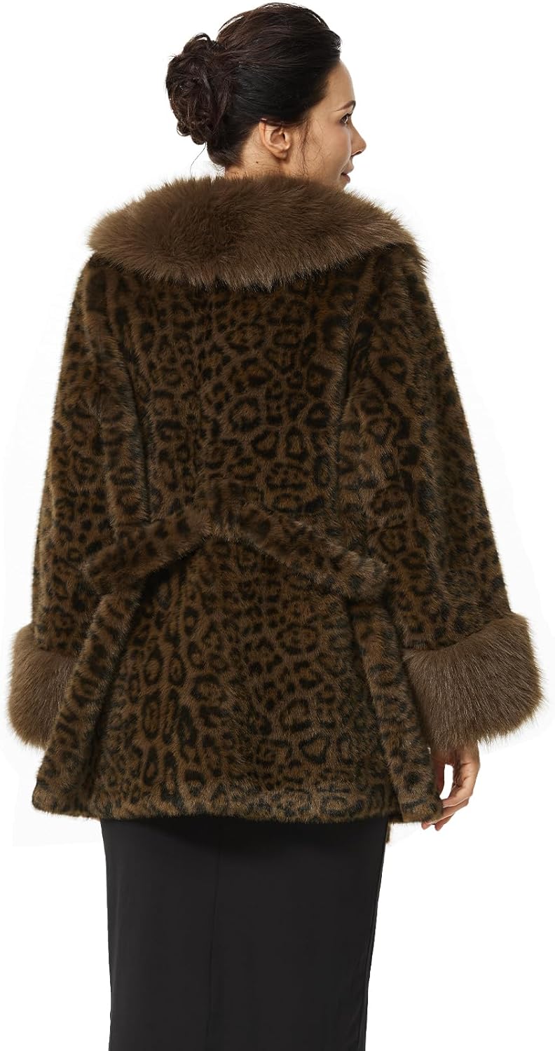 Women’s Faux Fur Leopard Print Coat with Belt Winter Plush Fur Jacket with Faux Fur Collar & Cuffs Pockets - Image 4