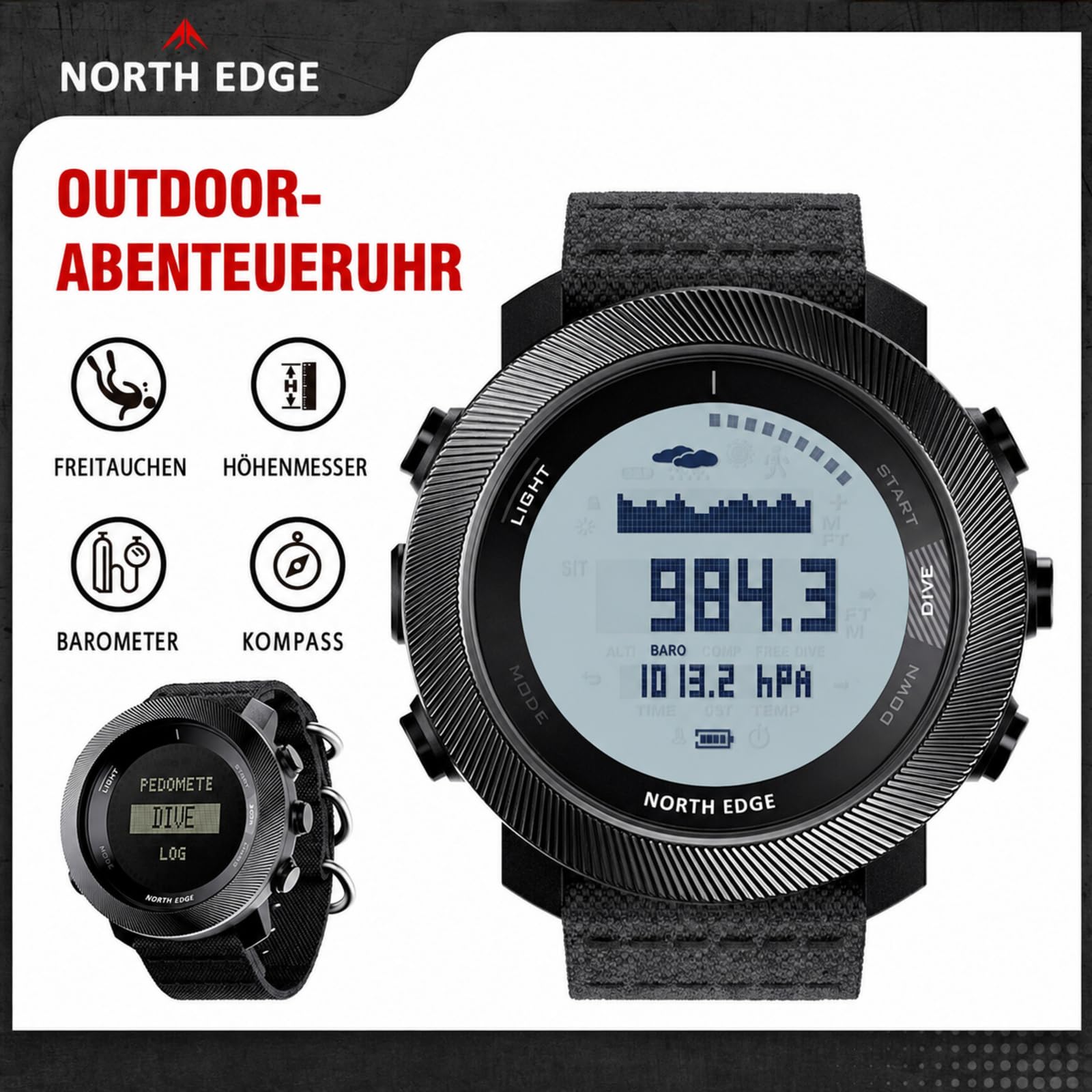 NORTH EDGE Apache-D Herren Outdoor Digitaluhr, 50 m Freitauchuhr mit Tiefenmesser, Kompass, Höhenmesser, Barometer und Schrittzähler