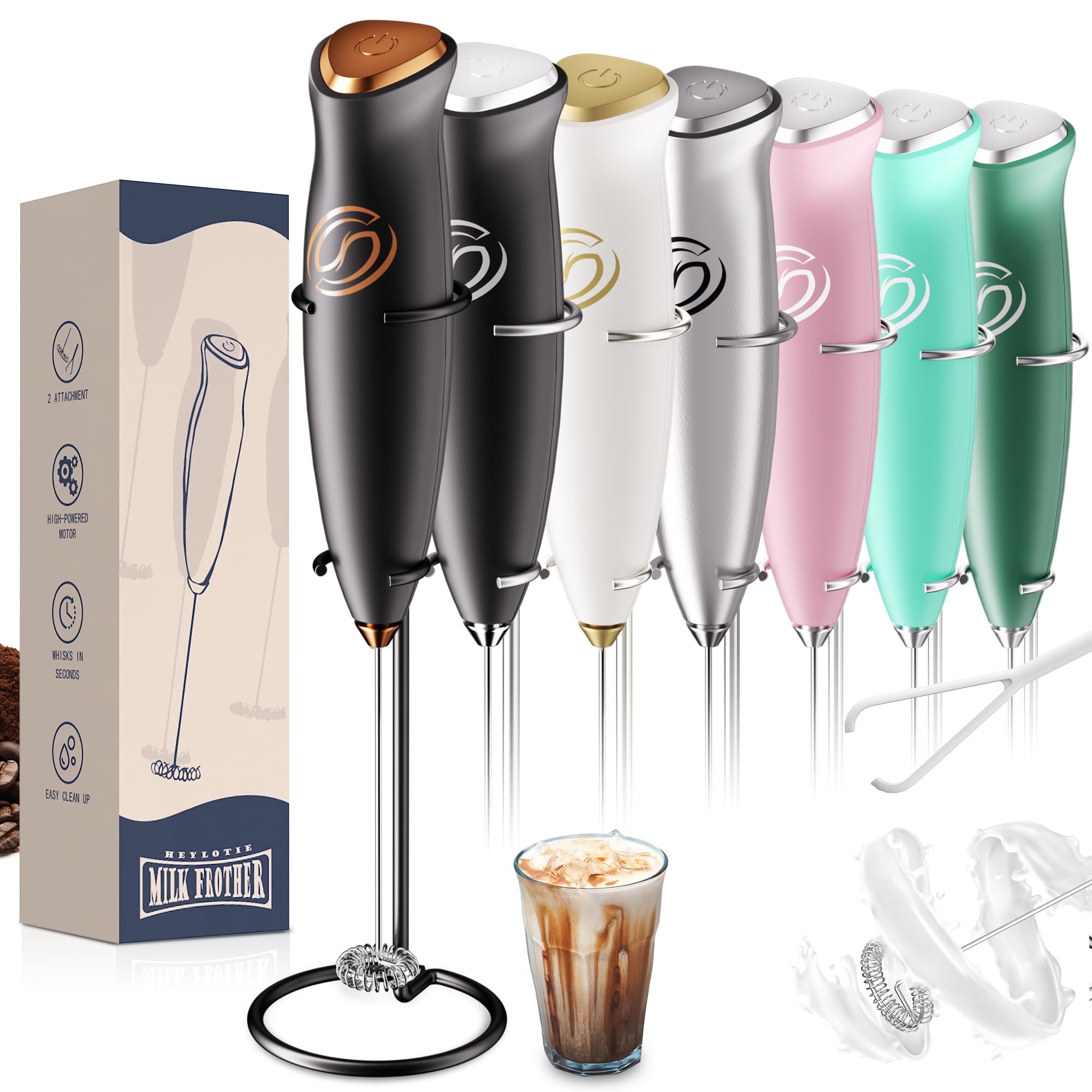 Milk Frother With Stand Milk Frother Wand Coffee Frother Handheld Drink Mixer Handheld with 2 Whisks Electric Whisk Stirrers Electric Frother for Coffee Mixer Wand Milk Foamer-Black/Copper