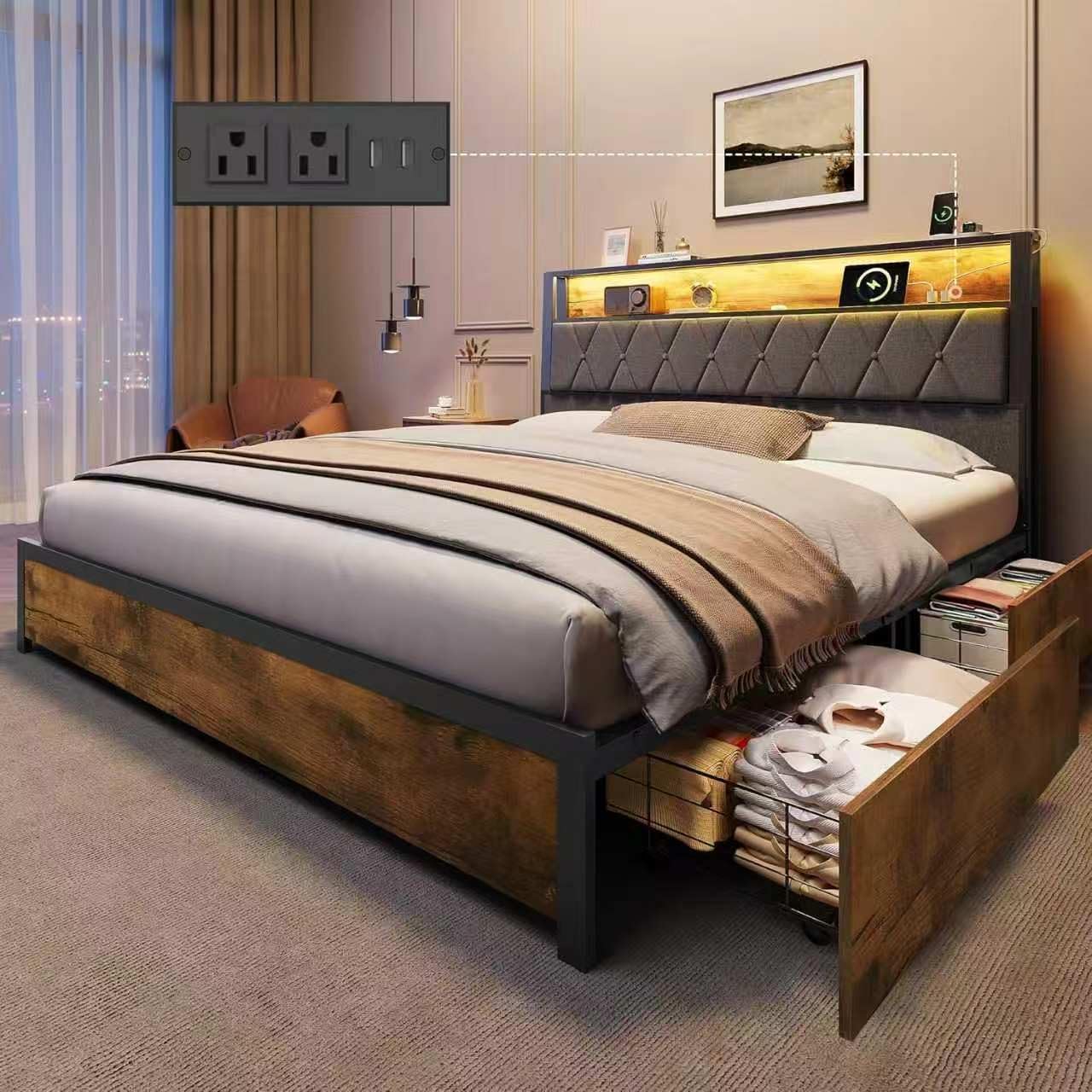 Queen Bed Frame with 4 Storage Drawers, Bed Frame Queen Size with Upholstered Headboard and Built in Charging Station, No Noise, Metal Support, No Box Spring Needed,Vintage Brown