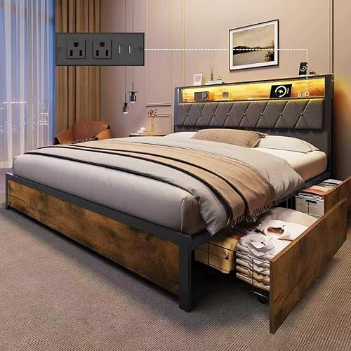 Queen Bed Frame with 4 Storage Drawers, Bed Frame Queen