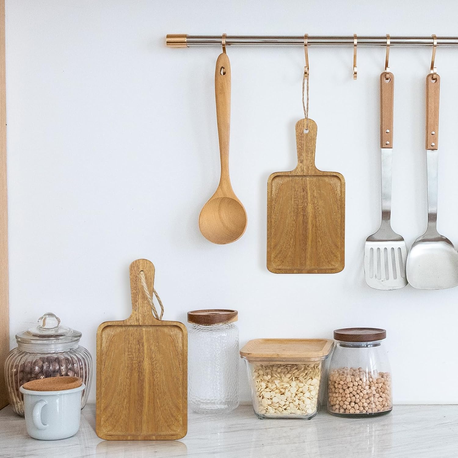 Lot de 16 Planches à Découper en Bois d’Acacia avec Poignée, 20 x 15 x 1,5 cm, Plateau de Charcuterie Décoratif pour Pizza, Fromage et Fruits, Planche de Service pour Cuisine et Décoration de Noël