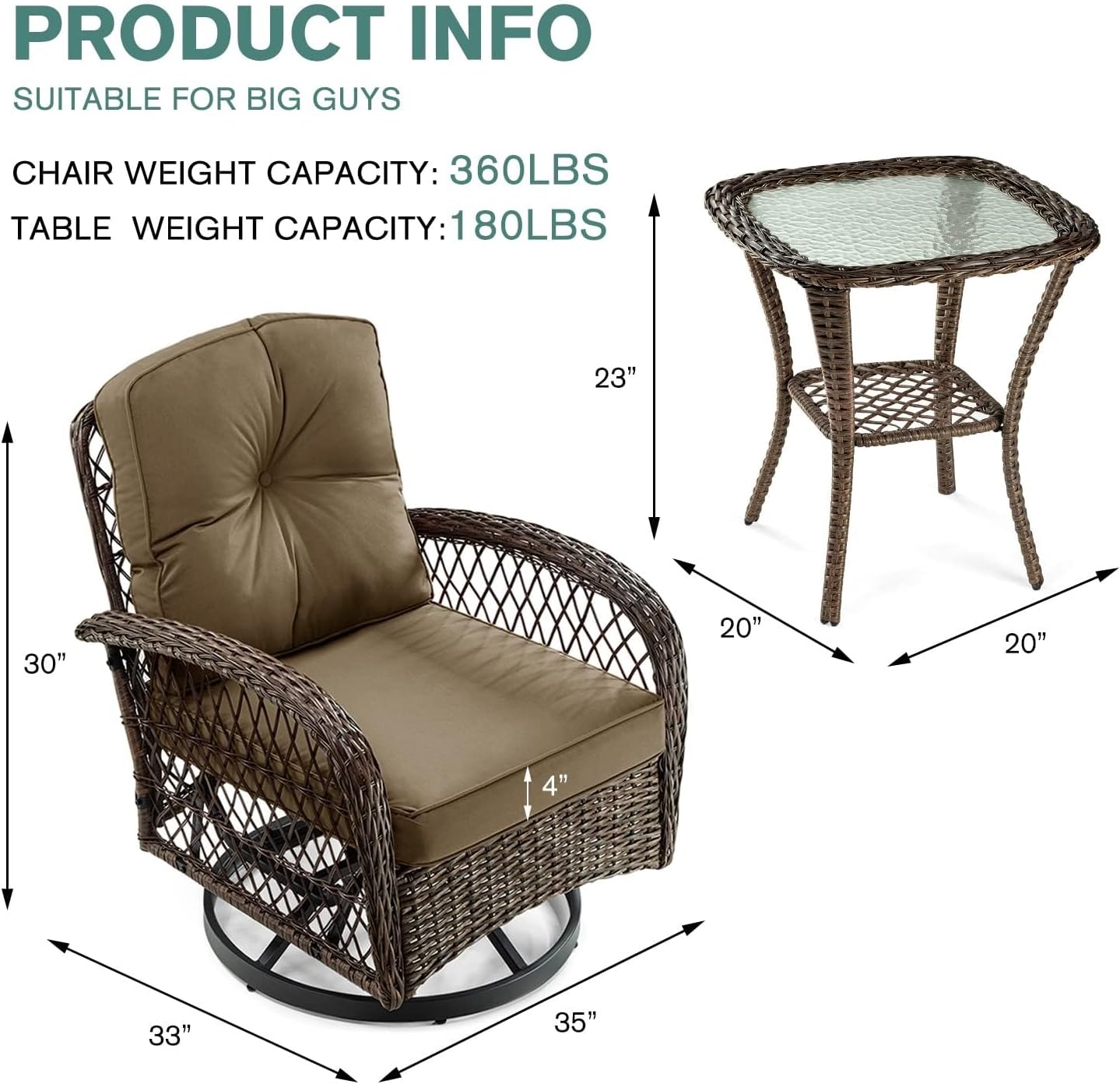 3 Pieces Patio Furniture Set Swivel Rocking Chairs Outdoor Wicker Patio Bistro Conversation Sets with Thick 4" Cushions for Backyard Porch Balcony Poolside(Khaki)
