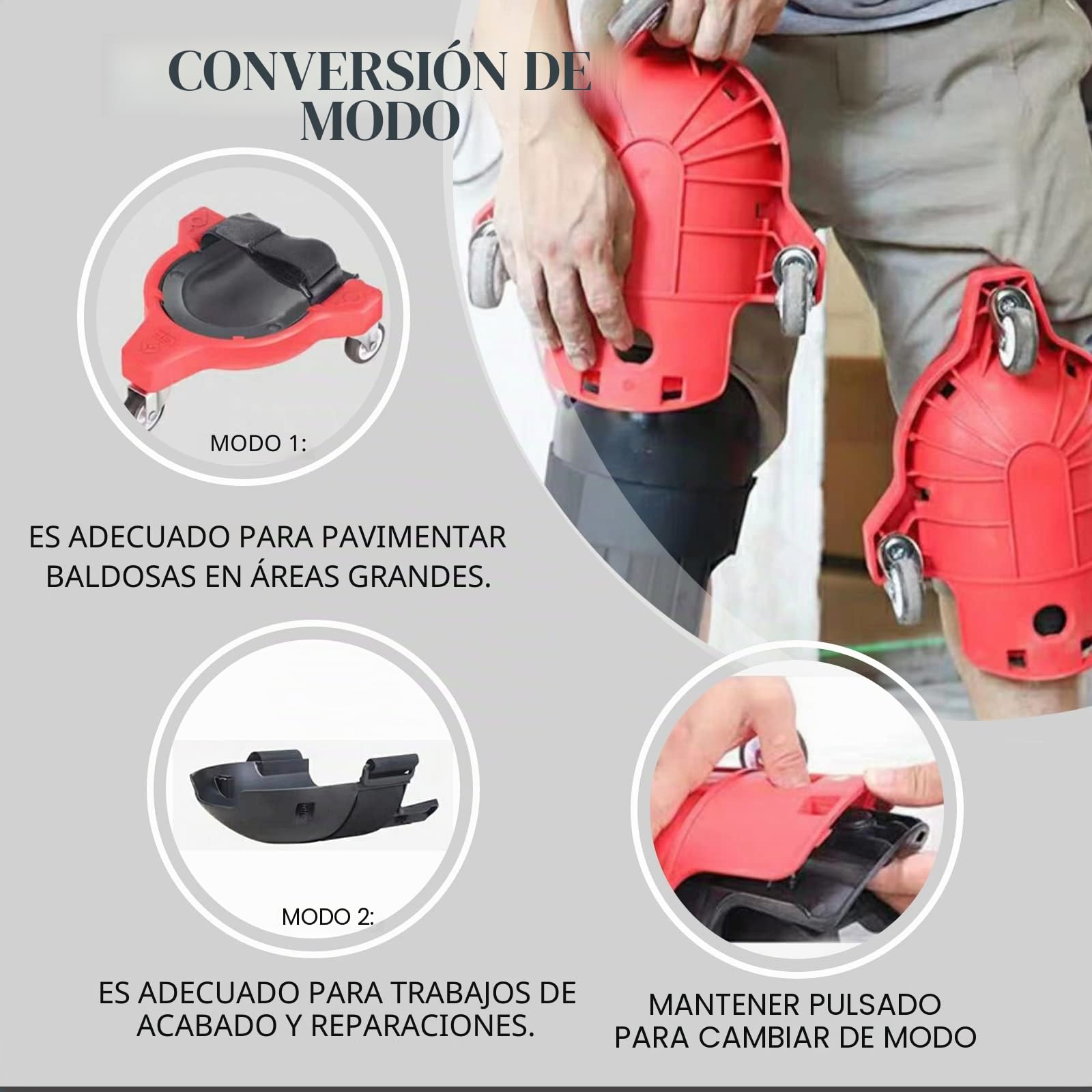 Rodilleras rodantes, 2 unidades, rodilleras que ahorran mano de obra con rueda y correa ajustable para colocar azulejos de suelo, ahorrar trabajo (rojo)