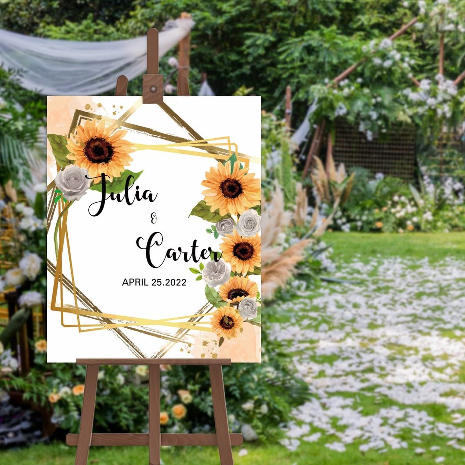 Panneau bienvenue mariage personnalisé motif tournesols roses 45x61