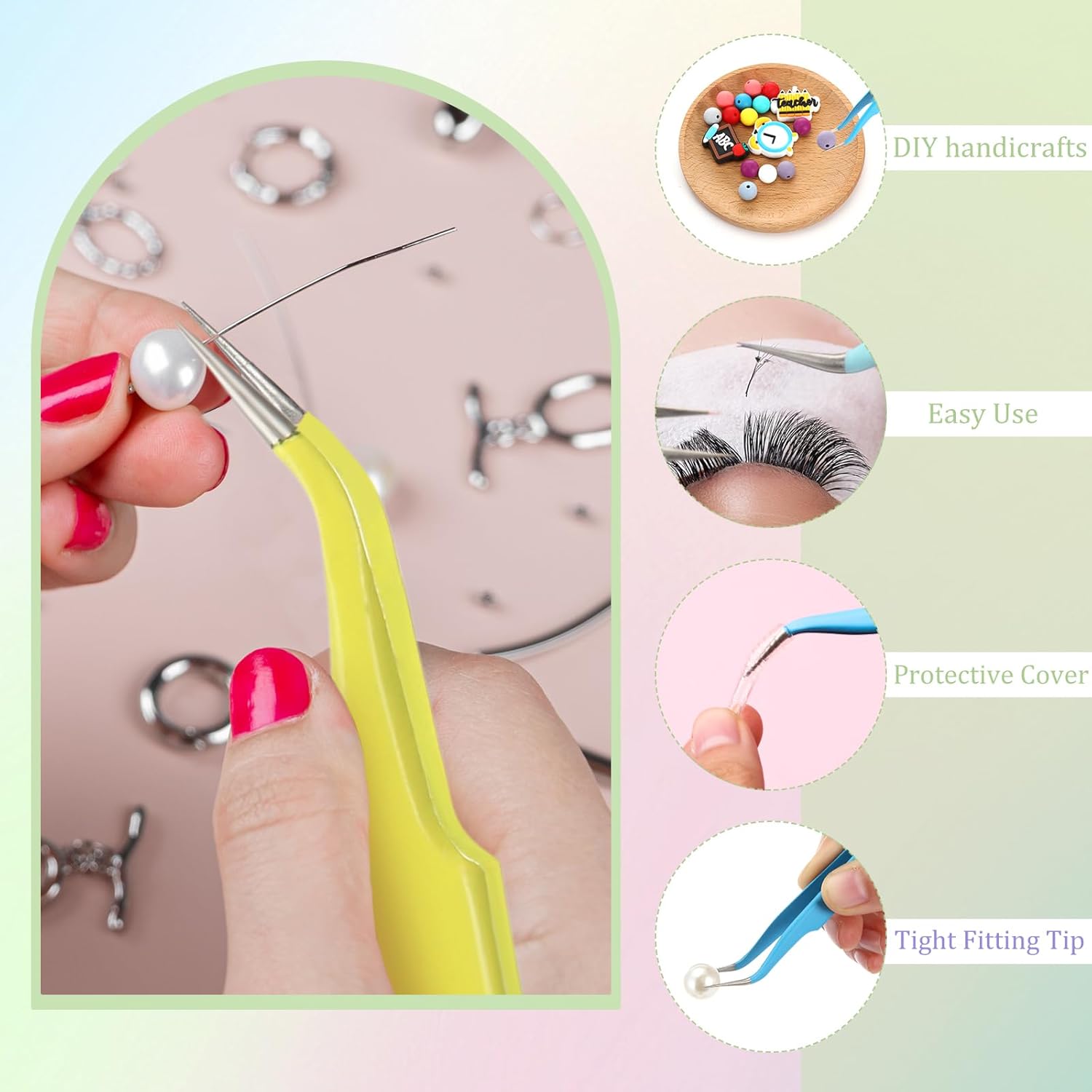 Honoson 9 Pieces Curved Pointed Craft Tweezers Stainless Steel Precision Tweezer with Protective Cover for Rhinestones Dried Flowers Craft Stickers Eyelash Extension Jewelry Making(Macaron Colors) - Image 6