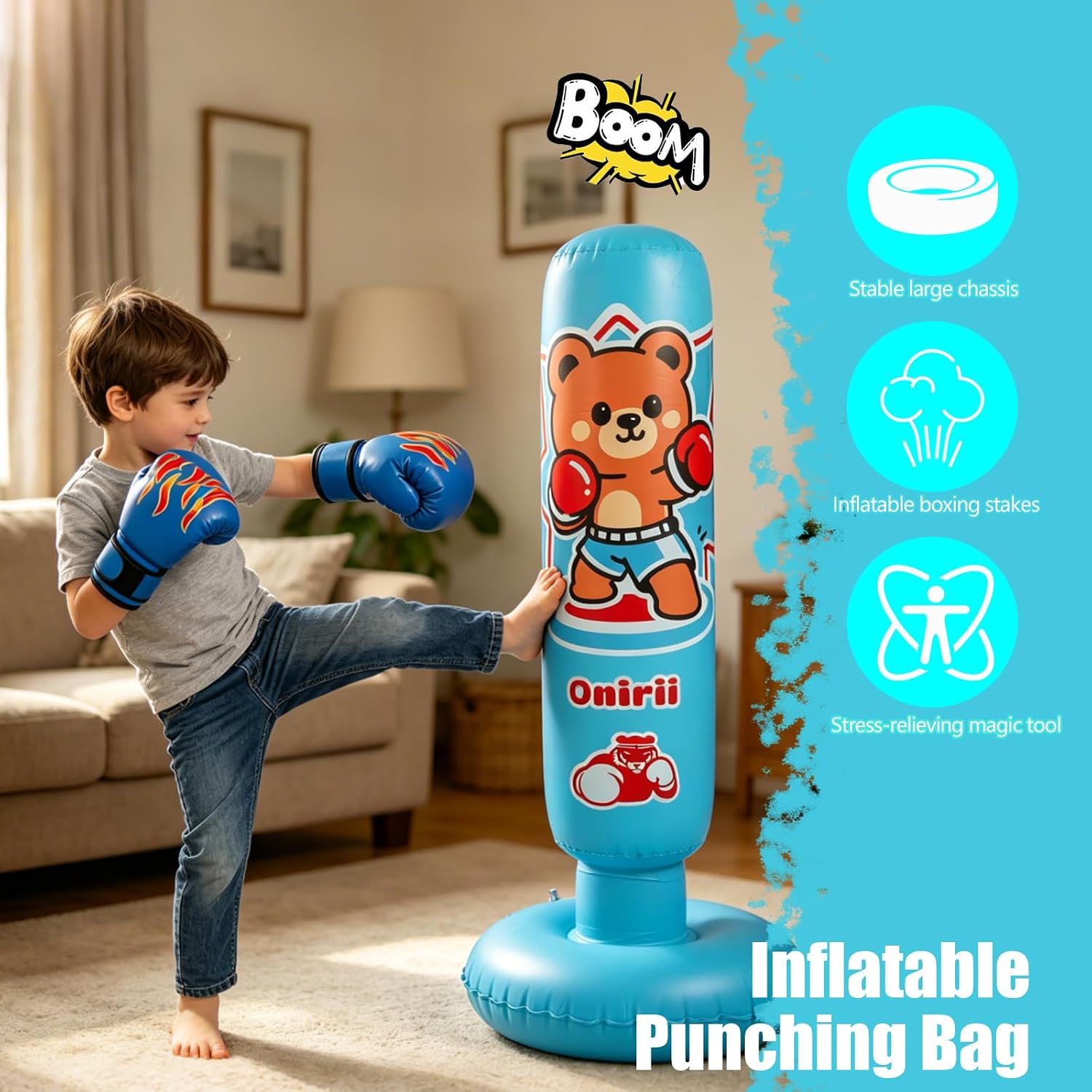 Onirii 51 Inch Kids Inflatable Punching Bag | Stable Kids Inflatable Boxing Bag Toy Set with Gloves for Boys & Girls Age 3-6 for Taekwondo,MMA and Practicing Karate