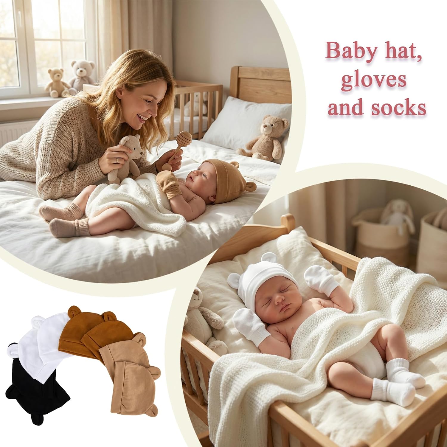8 Pack Newborn Baby Mittens Hats Socks Set - Unisex Beanie with Bear Ears,Cotton,NICU Essentials for Preemie Girl Boy