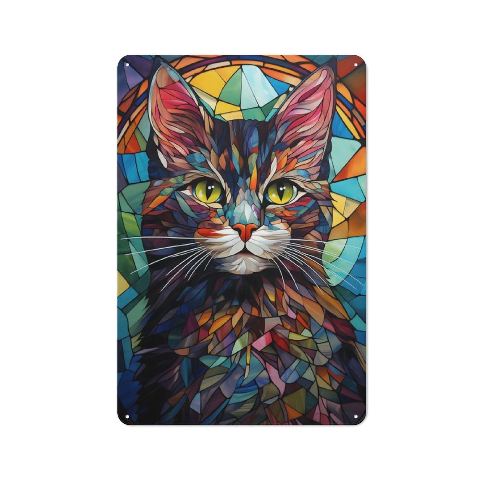 Junmoney Cat Stained Glass Rustic Metal Sign 30X20cm, Country Vintage Country Wall Plaque For Cottage, Kitchen, Hallway Or Breakfast Nook