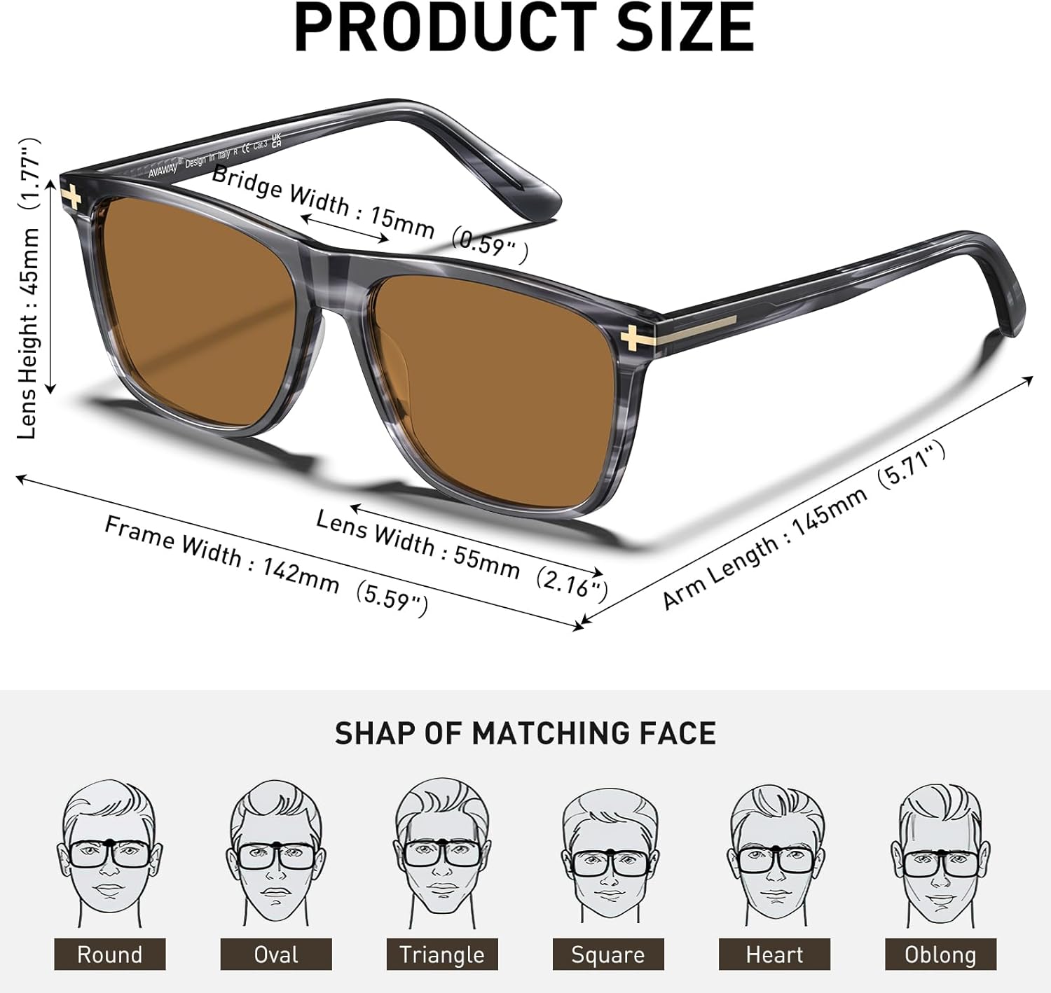 AVAWAY Square Polarized Sunglasses for Men - UV400 Protection Retro Fashion Acetate Driving Shades - Image 5