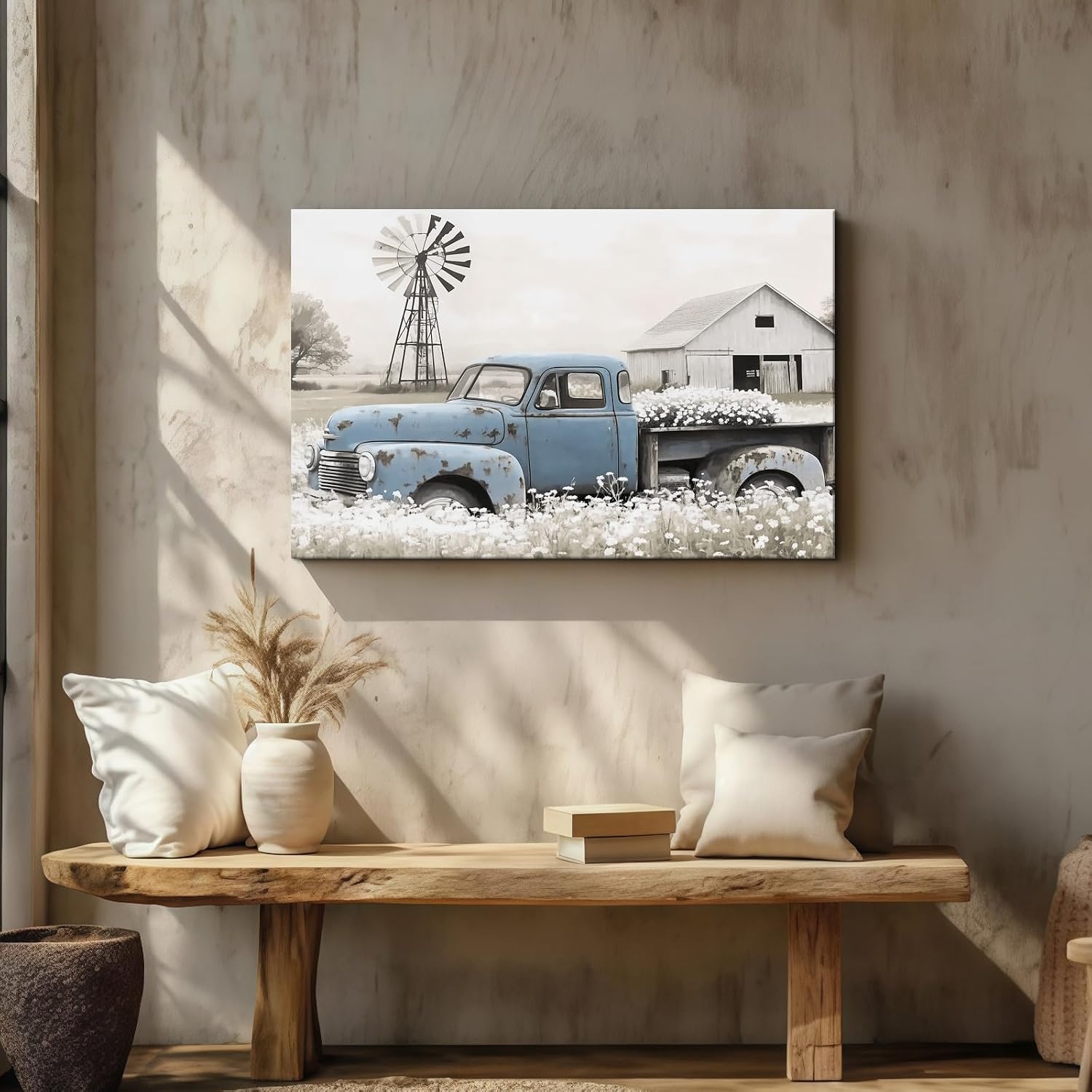 Craftline Rustic Countryside Barn Canvas Wall Art Blue Rusty Old Pickup Truck Pictures with White Flower Meadow Landscape Paintings Country Windmill Poster Cabin Decor for Farmhouse 18x12”