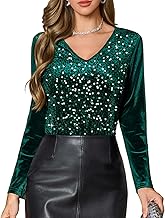 DRESSTELLS Womens Sequin Velvet Holiday Tops Glitter Sparkly Party Blouse Long Sleeve Christmas V-Neck Winter Shirts