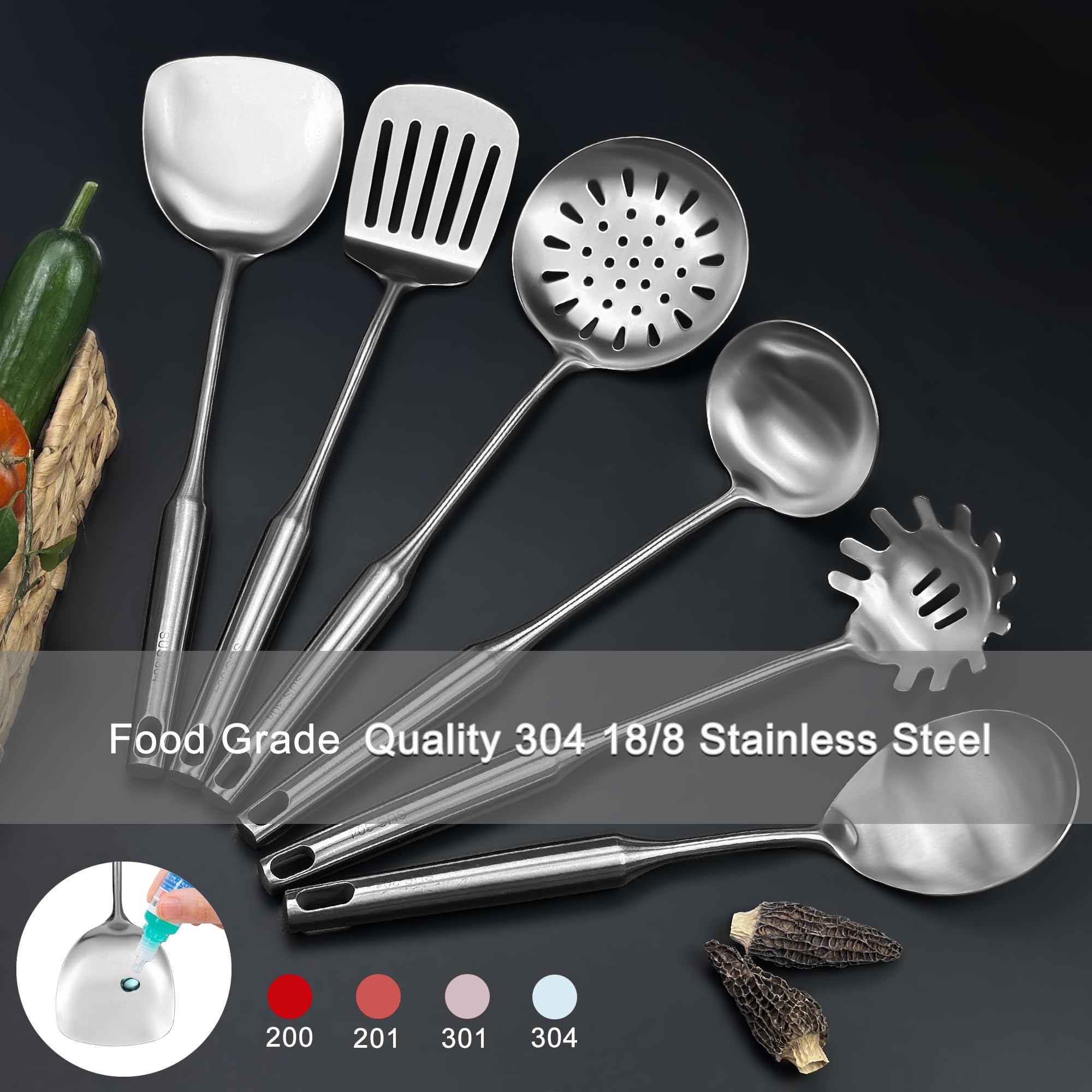 Juego de utensilios de cocina de acero inoxidable 18/8, 6 piezas de 15 pulgadas de largo, juego de utensilios de cocina de metal con espátula, cucharón profundo, cuchara, skimmer, servidor de pasta,