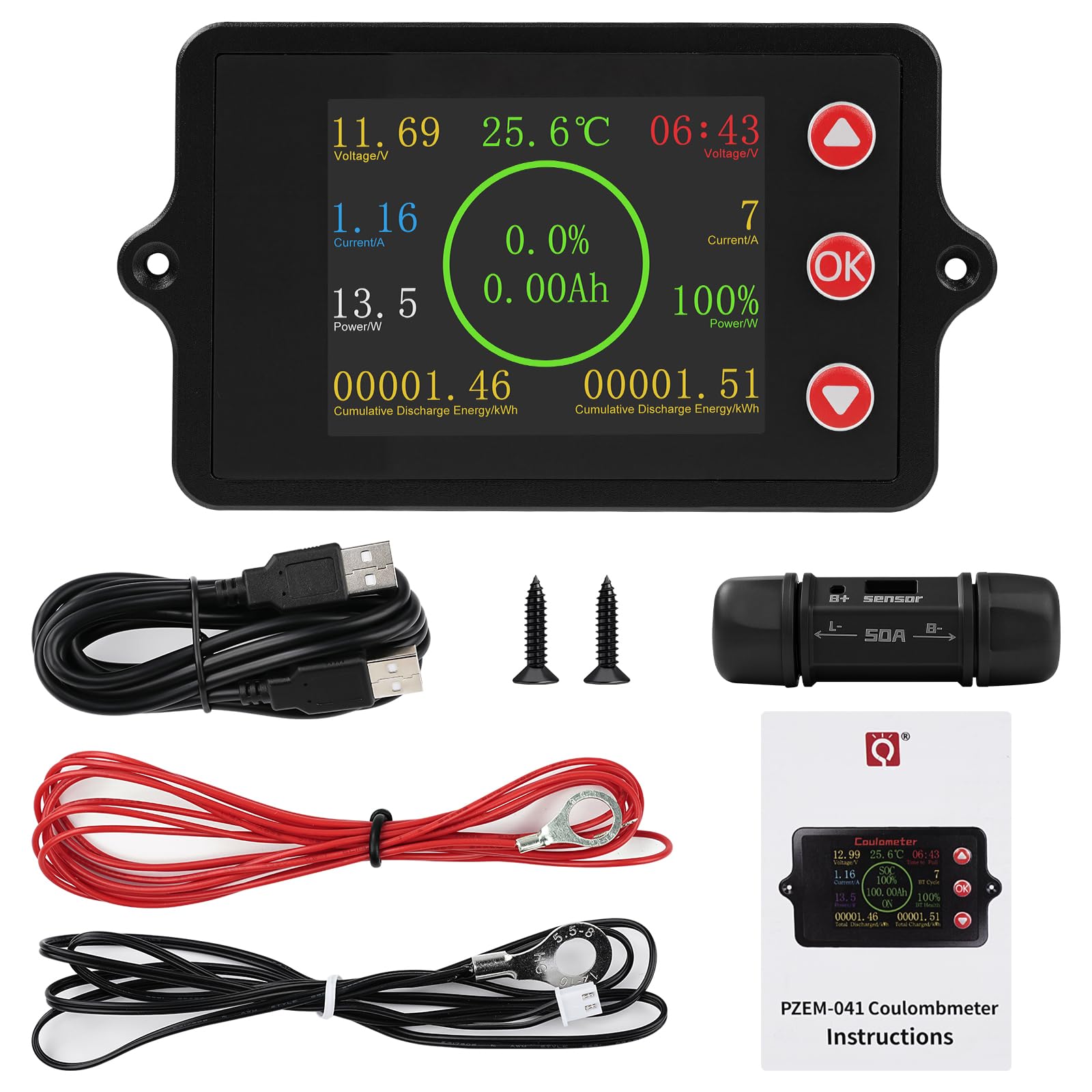 Wielofunkcyjny monitor baterii, kolorowy wyświetlacz, DC8-100 V, natężenie prądu, napięcie, moc, pozostała pojemność, czas ładowania, angielska jednostka główna + bocznik 50 A z czystej miedzi + 2 m