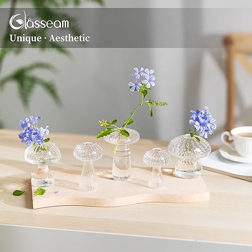 Miniatura 3 de Glasseam Jarrones de hongos para flores, bonito juego de 10 jarrones de cristal transparente, jarrones de vidrio soplado para centros de mesa,