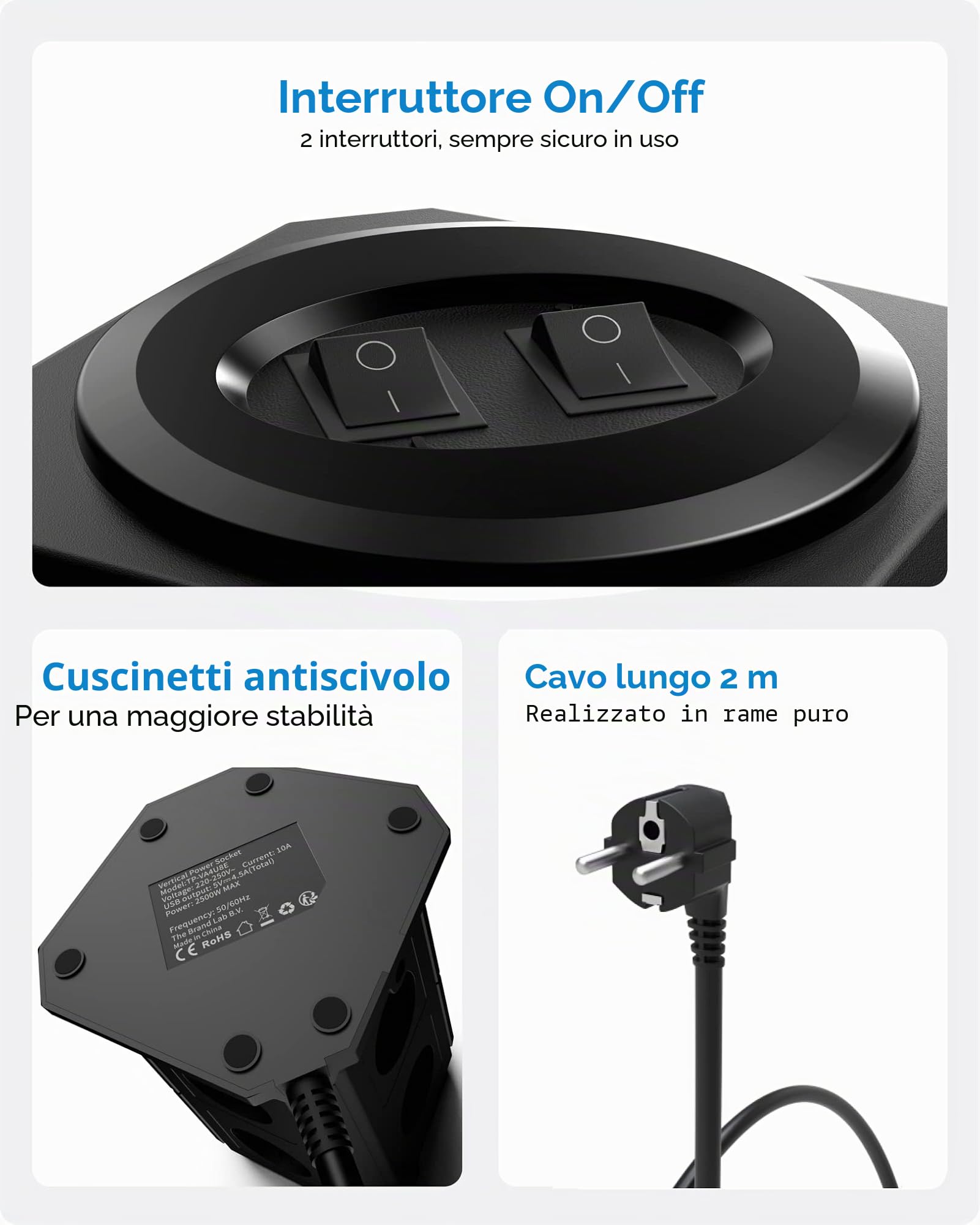 VOOMY 12-in-1 Multipresa Verticale, Ciabatta Multipresa con USB, Multipresa Elettrica con 8 Prese e 4 USB, Ciabatta con Fusibile di Protezione, 2 Interruttori Indipendenti e Cavo 2M, Nero