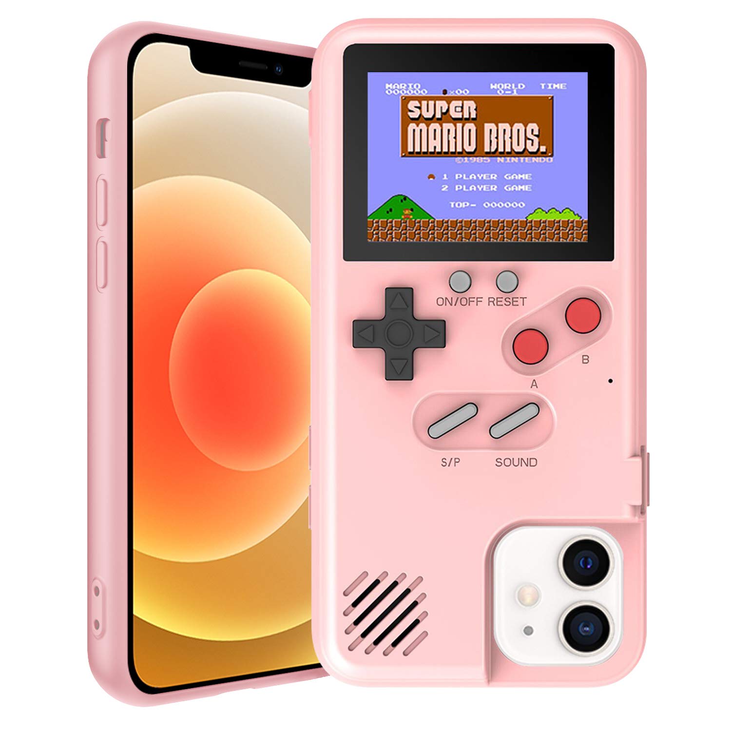 Gameboy Case for iPhone, Retro 3D Phone Case Game Console with 36 Classic Game, Color Display Shockproof Video Game Phone Case for iPhone (for iPhone 12 Mini, Pink)