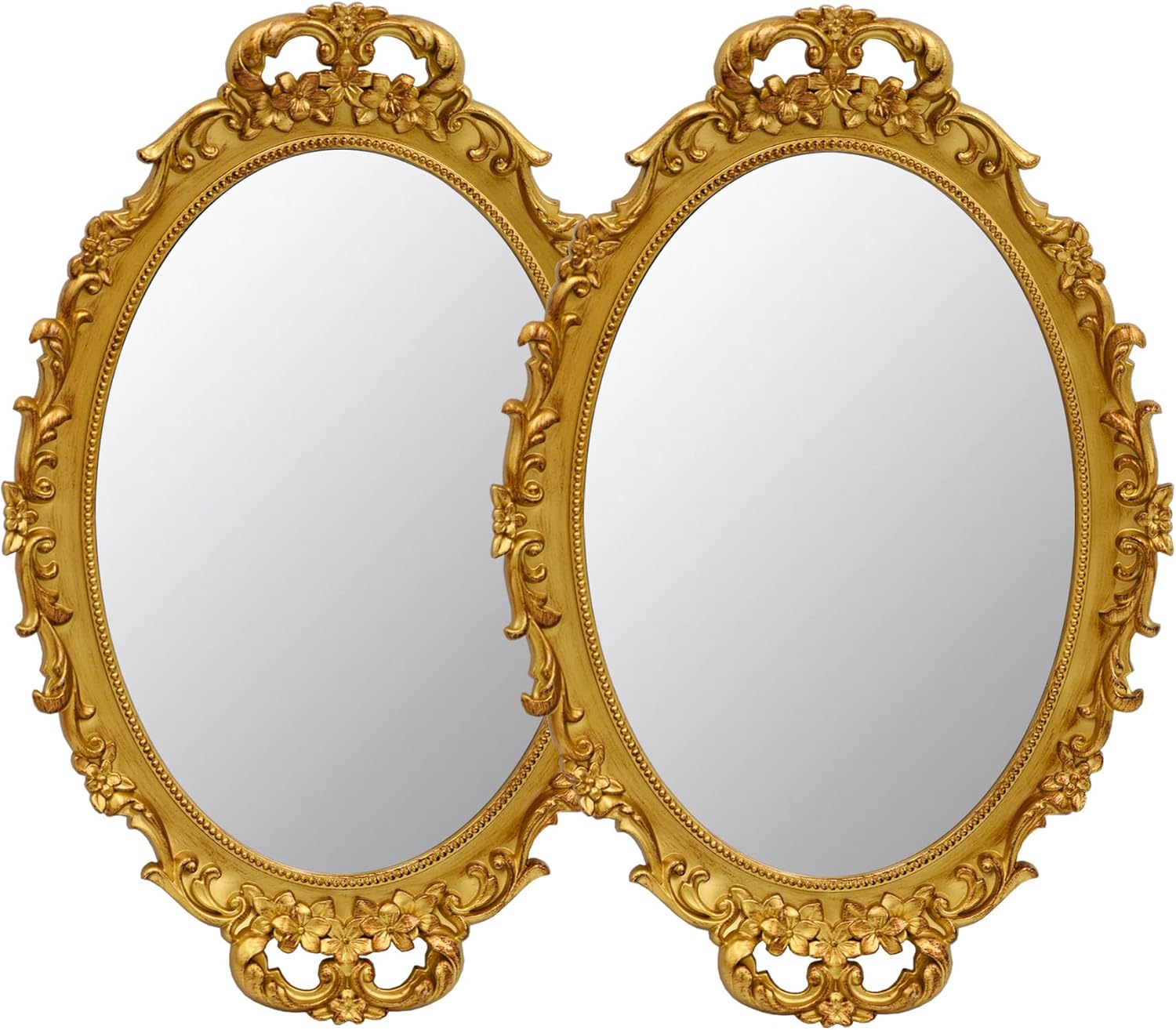 Tstarer 2 Pack - Vintage Decorative Gold Framed Mirror, Wall Hanging Mirrors & Tabletop Tray for Bedroom Living Room Dresser Decor, Oval- 9.6" W x 14.3" L (GOLD-2PACK)
