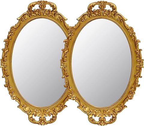 Paquete de 2 Espejos Decorativos Vintage con Marco Dorado, Espejos Colgantes de Pared y Bandeja de Mesa para decoración de Dormitorio, Sala de Estar, tocador, Ovalado, 9.6 Pulgadas de Ancho x 14.3