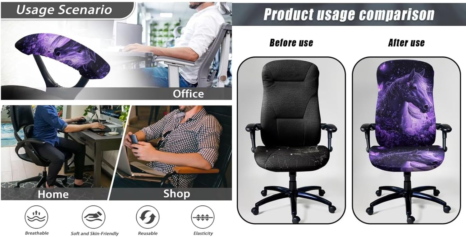 3 Pcs Office Chair Cover with Arm Rest Cover Stretchable Horse Purple Butterfly Rolling Chair Seat Cover Large Office Chair Cover Large Size
