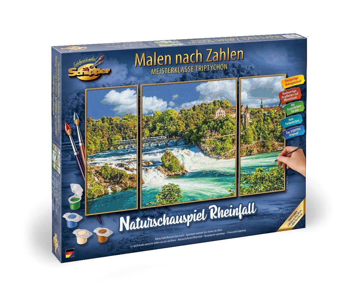 Schipper 609260888 Dipingere con i Numeri, Spettacolo Naturale Rheinfall, Pittura per Adulti, Inclusi pennelli e Colori acrilici, trittico, 50 x 80 cm