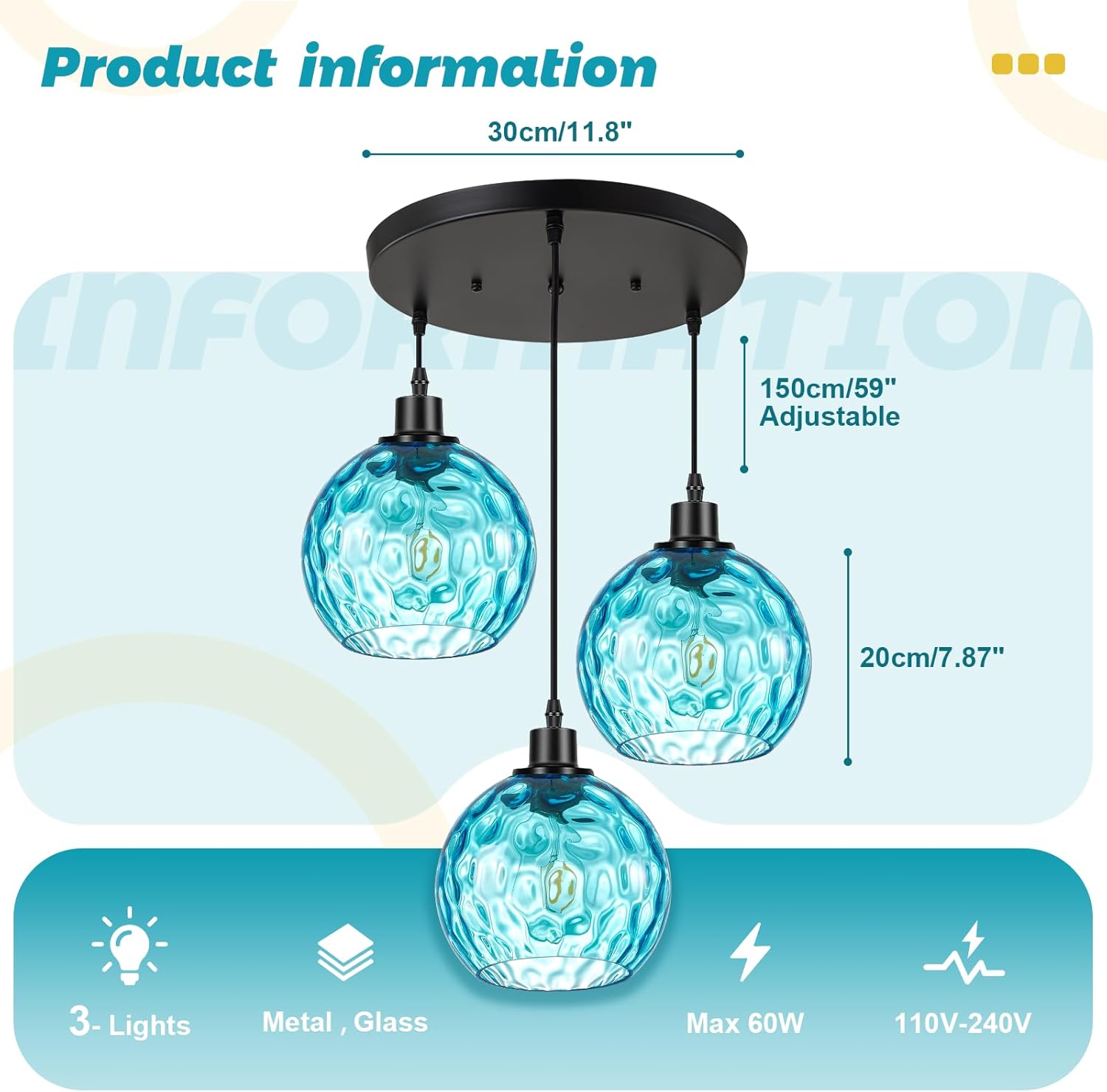 Mid-Century Modern Cluster Pendant Light, 3-Light Adjustable Chandelier with Blue Hammered Glass Globe Shades, Kitchen Island Pendant Lighting for Dining Room, Breakfast Nook, Living Room