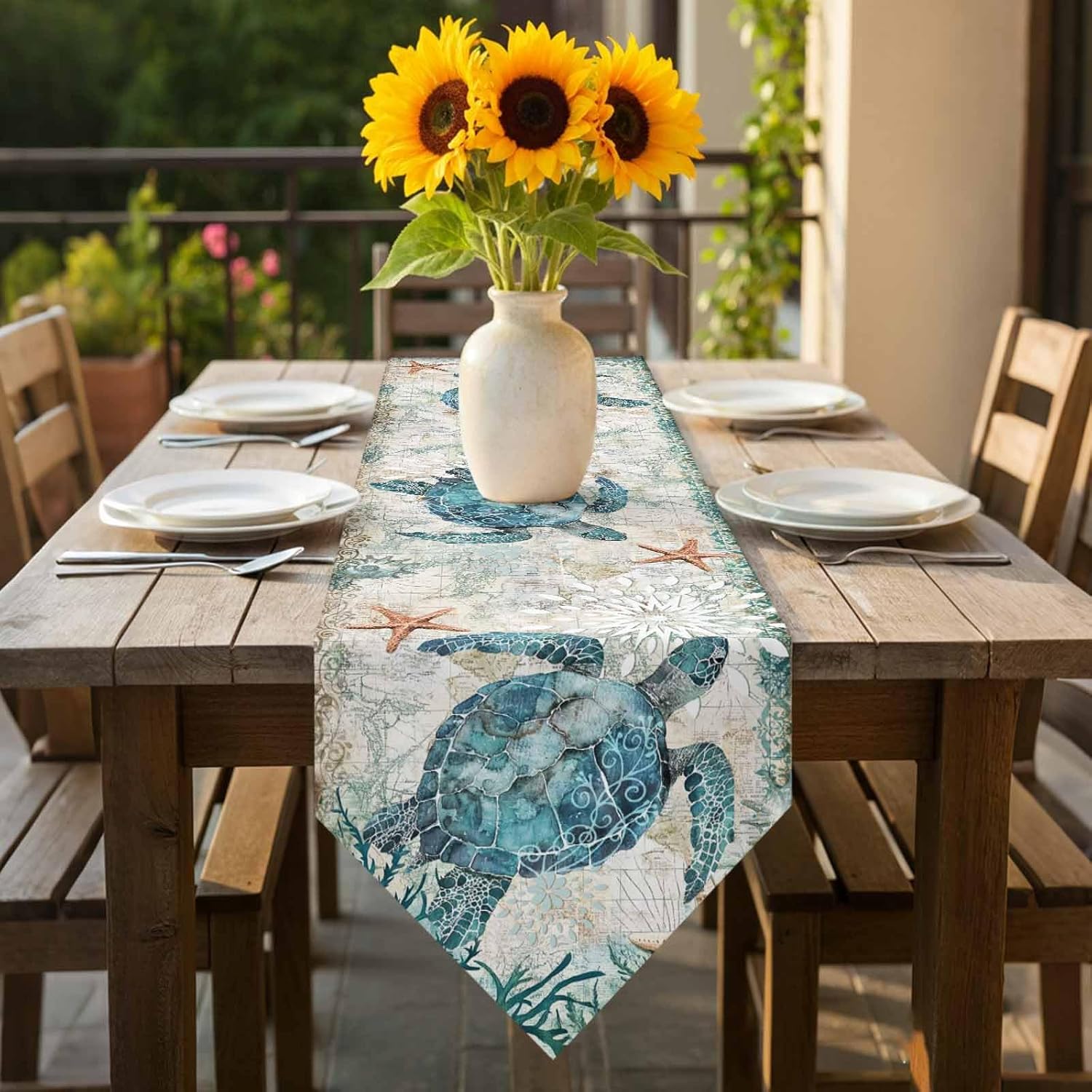 Cotton Linen Table Runner Dresser Scarves Sea Turtle Ocean Animal Nautical Themed Retro Non-Slip Table Settings Decor for Farmhouse Kitchen Home Dining ,Wedding,Holiday Extra Long 13 x108 inch