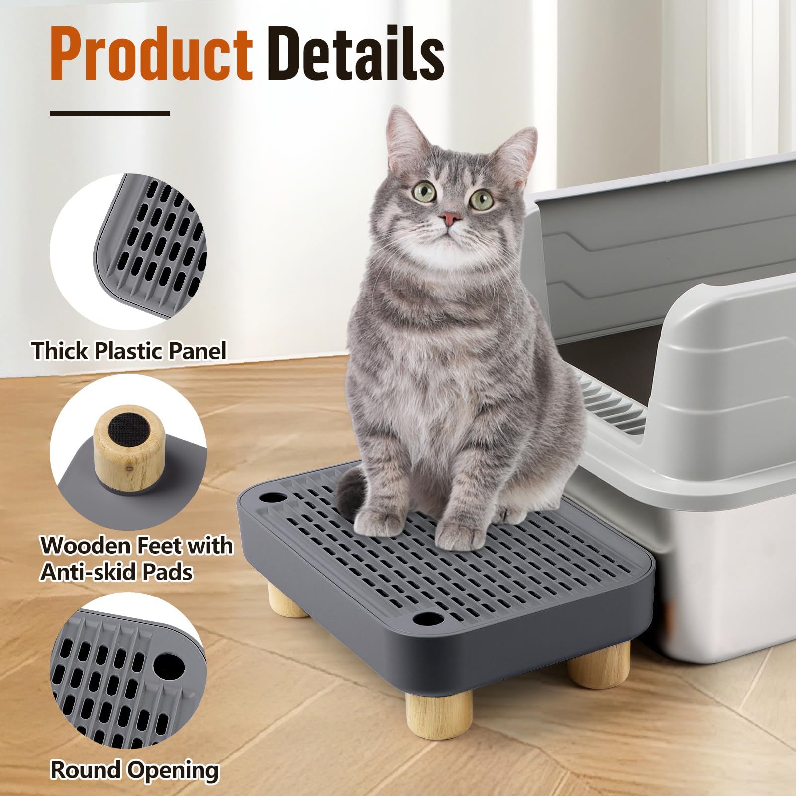 Erhöhte Katzenklo-Rampe, Katzentreppe mit Holzfüßen, Katzenstreu-Filterpedal für automatische selbstreinigende Roboter-Katzentoilette, ideal für Kätzchen und ältere Katzen(Dunkelgrau)