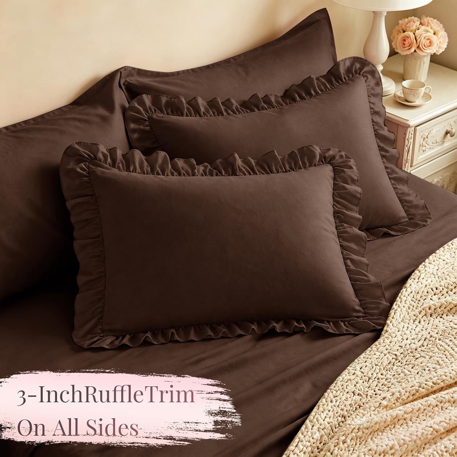 Homiest Ruffle Pillow Cases Standard Set of 2, Chocolate Brown, 20x26 in