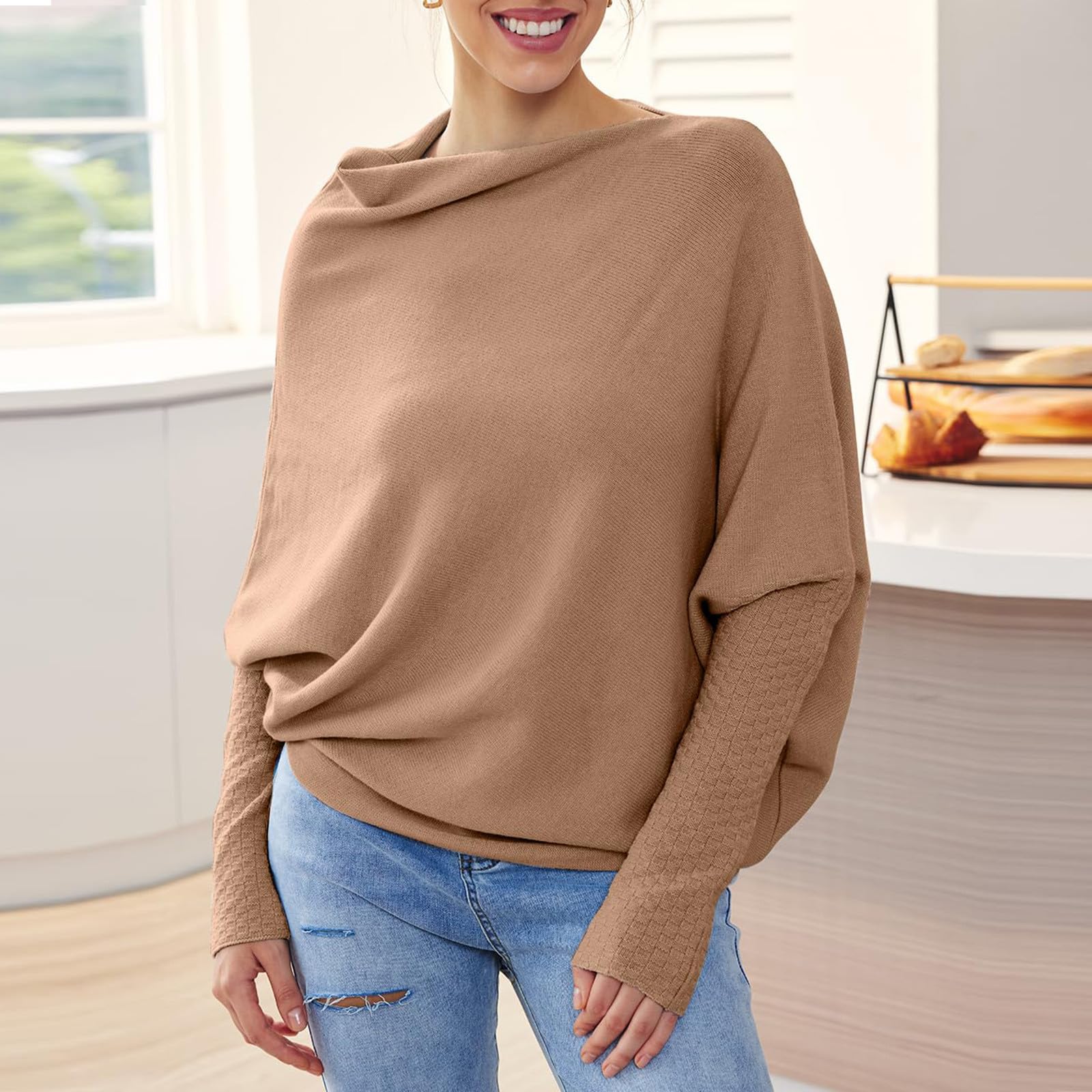 Saymany Pullover Damen Herbst Fledermausärmel Strickpullover Pullover Einfarbige Langarm Rundhals Oberteil Top Lockerer Strickpullover Knitted Basic Stretch Sweater Langarm Elegant Pulli Oberteile