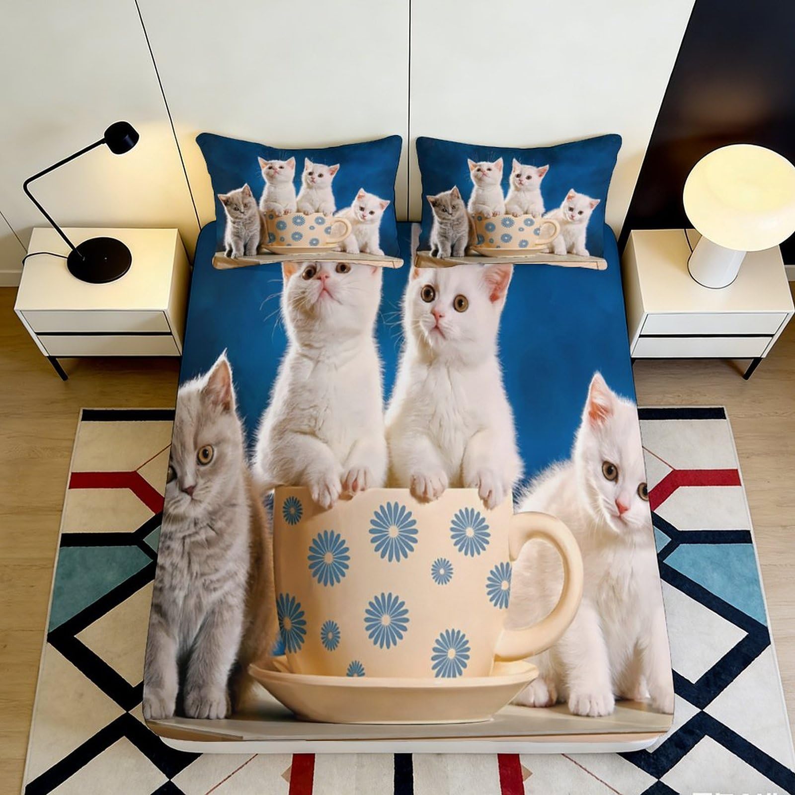 3D Printed Cartoon Cat Fitted Sheet Microfiber Deep Pocket Non-Slip Bedroom Bedding Cat Mattress Fitted Cover Full Wrap Washable 140x200x25cm
