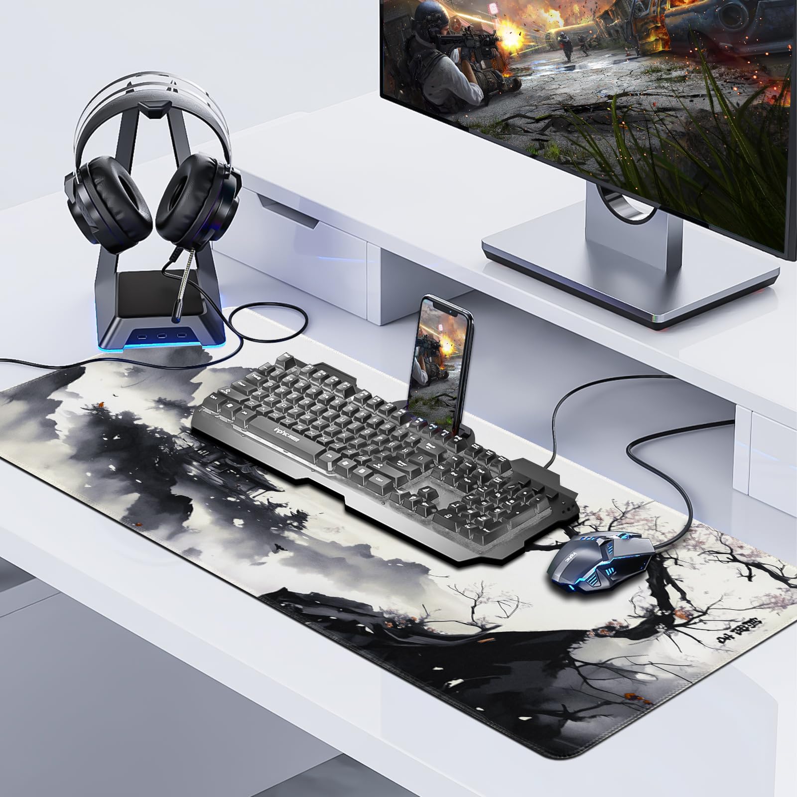 Alfombrilla Ratón XXL Japonesa Grande Gaming 900 x 400 mm, Alfombrilla Escritorio Antideslizante con Base de Goma, Mousepad Bordes Cosidos Impermeable para Oficina Ordenador Juegos&Tapete