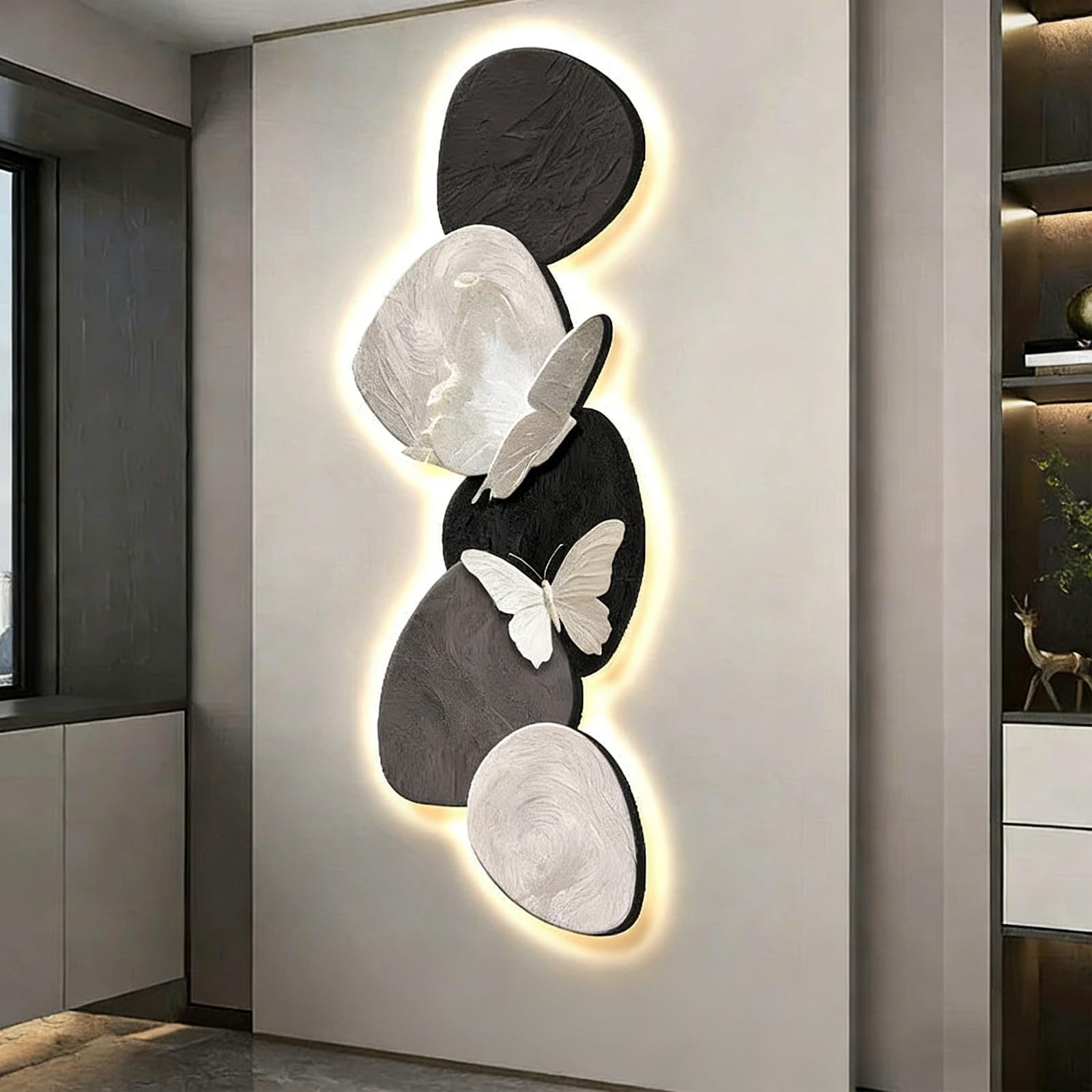 LED Wall Art, 3D Butterfly Decor, Porcelain Crystal Core, Modern Minimalist Frameless, Remote Control, Plug-and-Play For Entryway & Hallway(Black,27.5 * 82.6in)