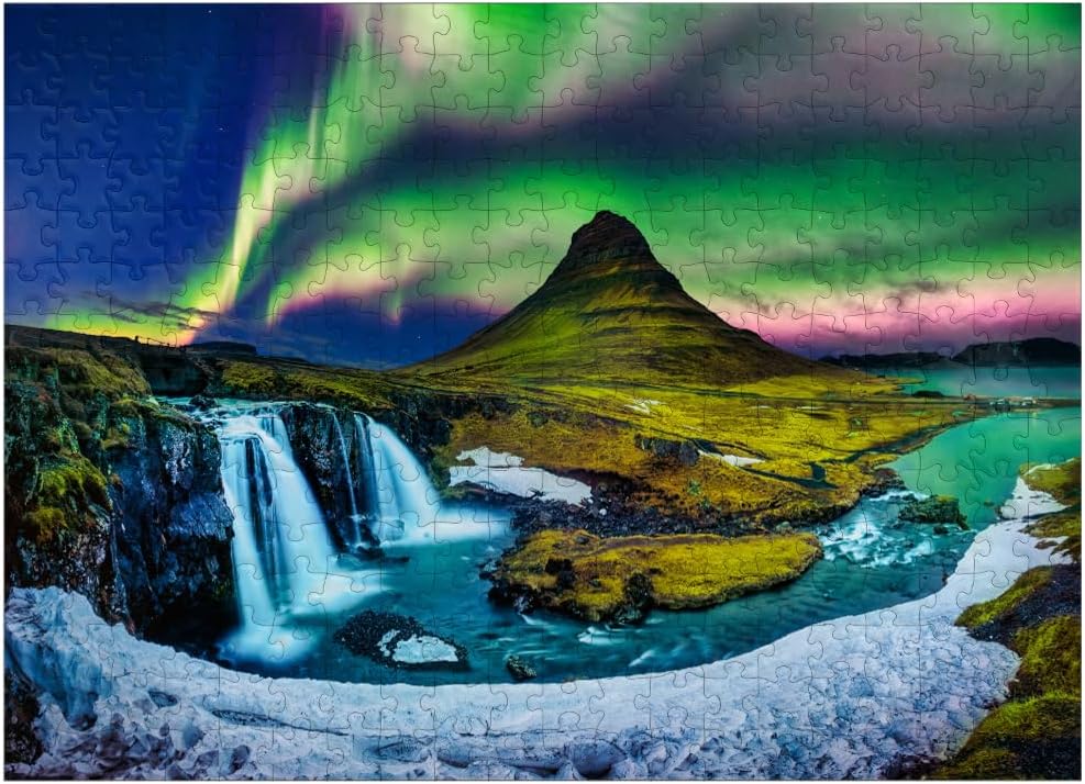 MyPuzzle Northern Lights Aurora Borealis At Kirkjufell in Iceland - Premium 1000 Piece Jigsaw Puzzle for Adults