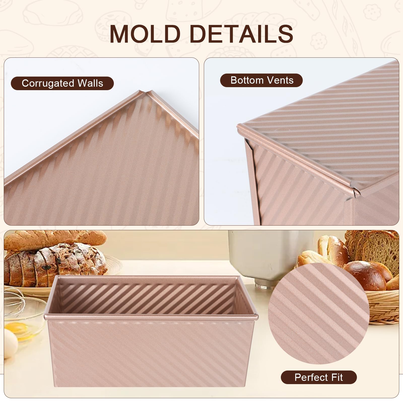 VINATO 2 Pièces Moule Pain de Mie, Moule Pain de Mie avec Couvercle, 21 x 12 x 11,7cm + 19 x 9,5 x 8cm, Rectangulaire Moule a Brioche pour Faire des Baguettes et des Brownies à Sandwich