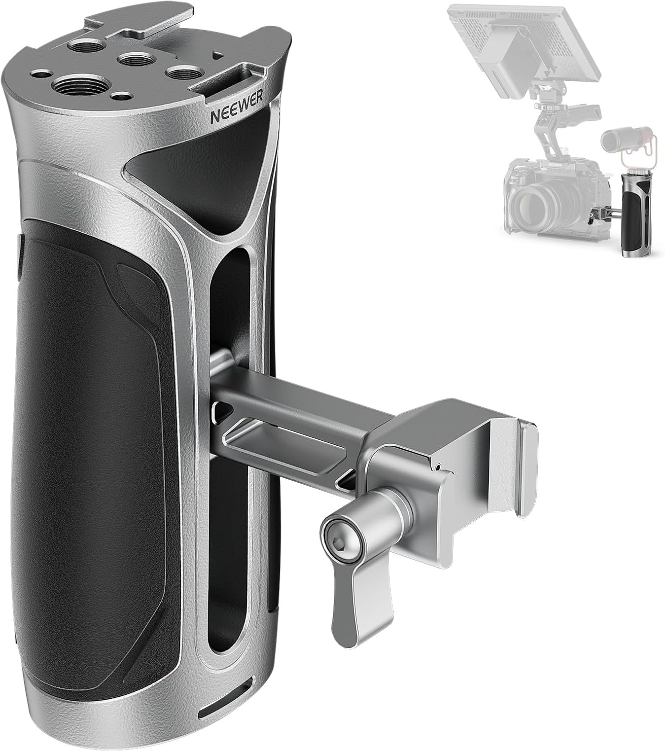 NEEWER Side Handle with NATO Clamp, Aluminum Alloy Quick Release Side Handgrip with 1/4" & 3/8" Threads, Cold Shoe, 2"/5cm Vertical Adjustment, Compatible with SmallRig Camera Cage, Silver, CA125
