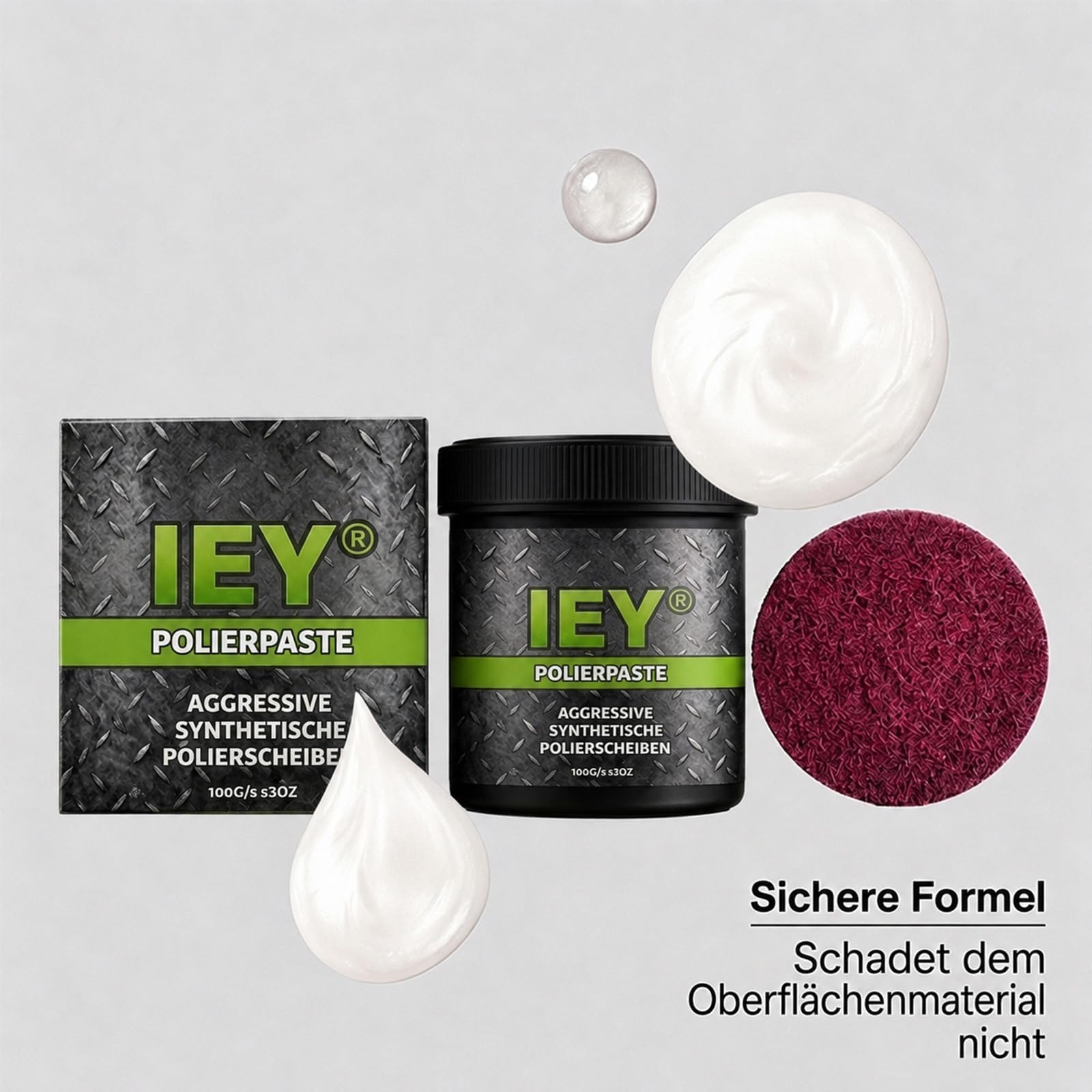 IEY Polierpaste Auto & Metall, Professional Polishing Compound mit Pad | Universal Polierpaste Auto Kratzer Entfernen, Politur für Scheinwerfer, Kunststoff, Holz & Epoxidharz (100g)，2 Stk